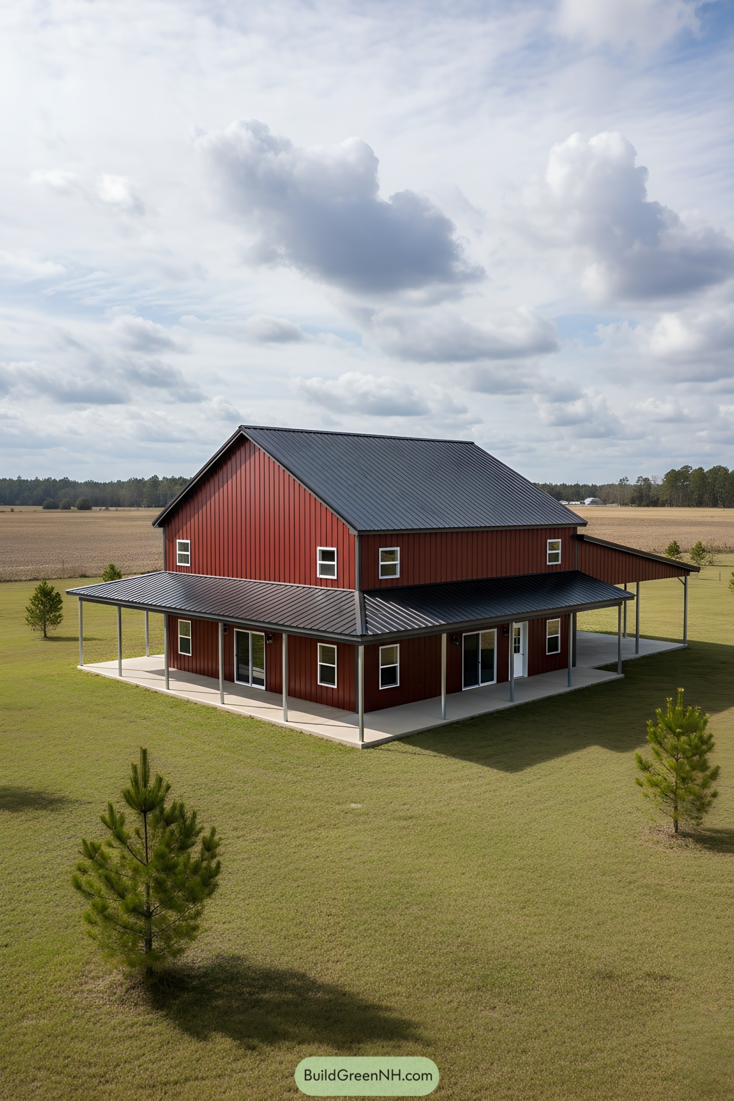 Red steel barnhouse with black roof and full wraparound porch
