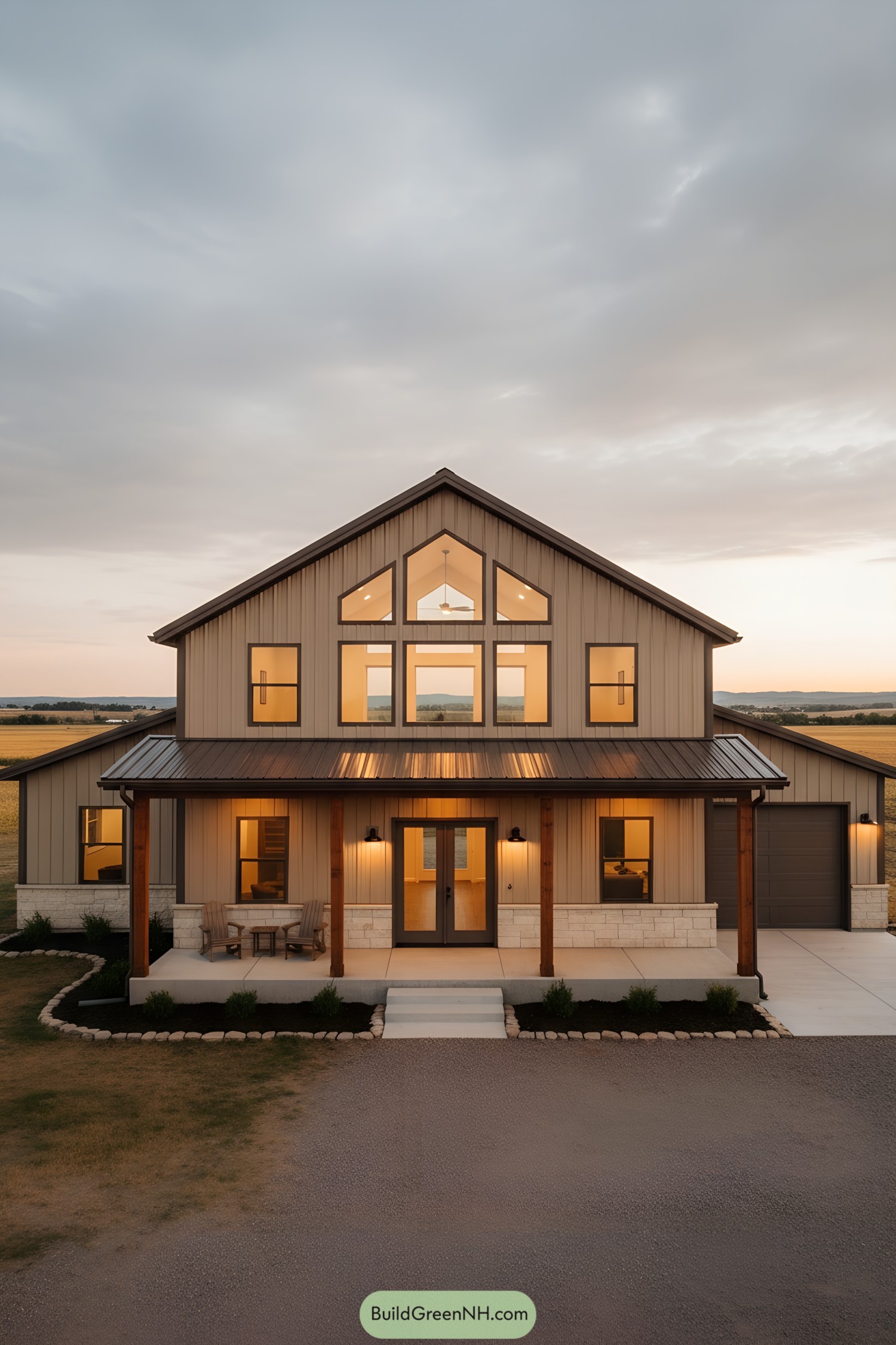 Warm-lit steel farmhouse with tall gable windows and covered porch at dusk