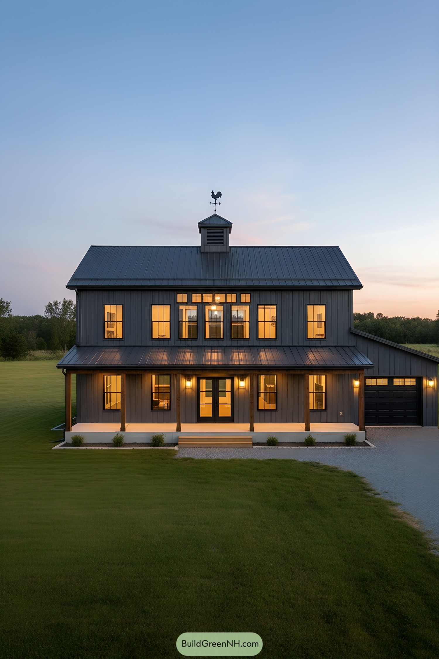 Dark metal farmhouse with warm-lit windows and a rooster-topped cupola at dusk