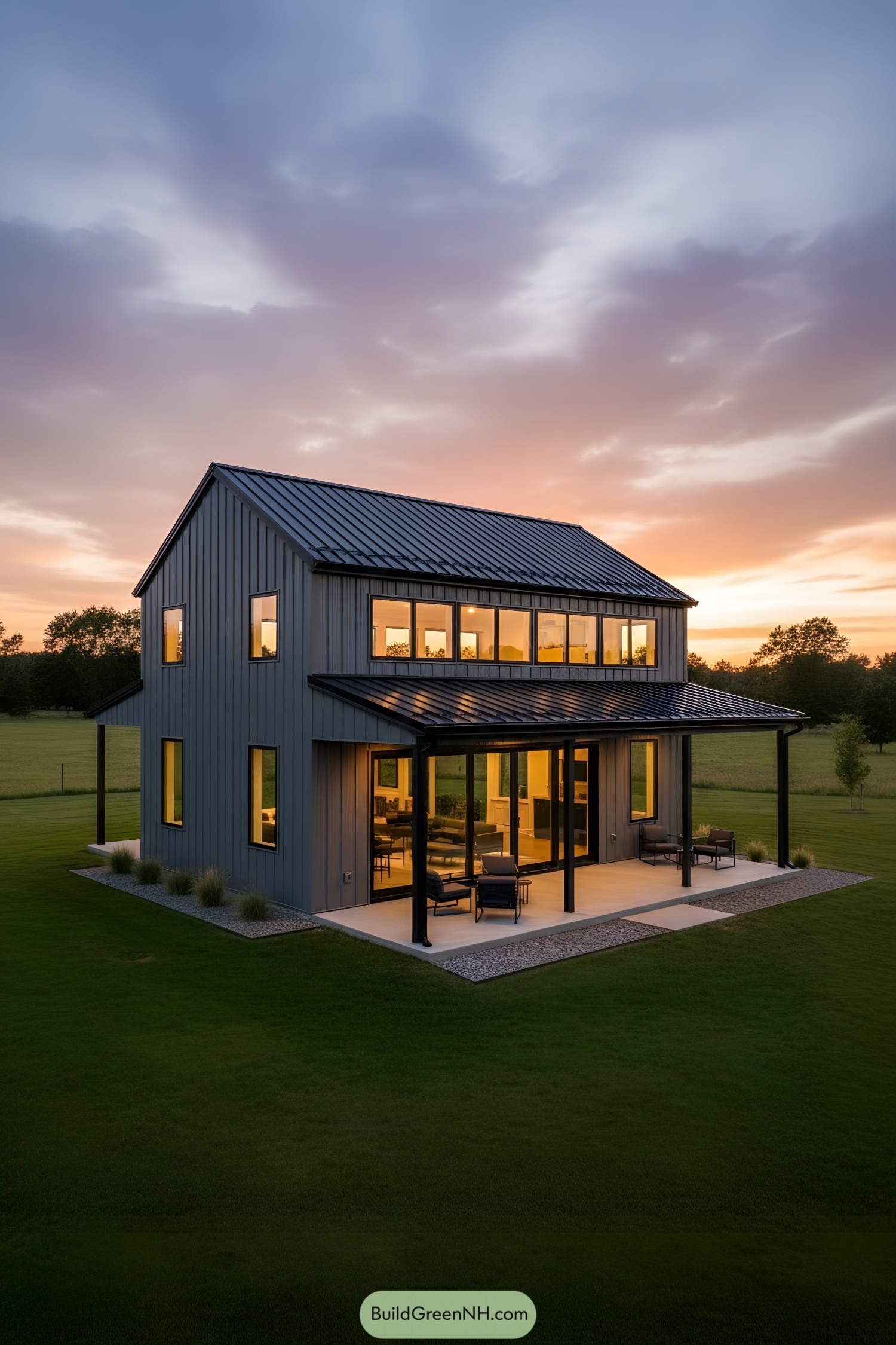 Two-story steel house with porch at sunset