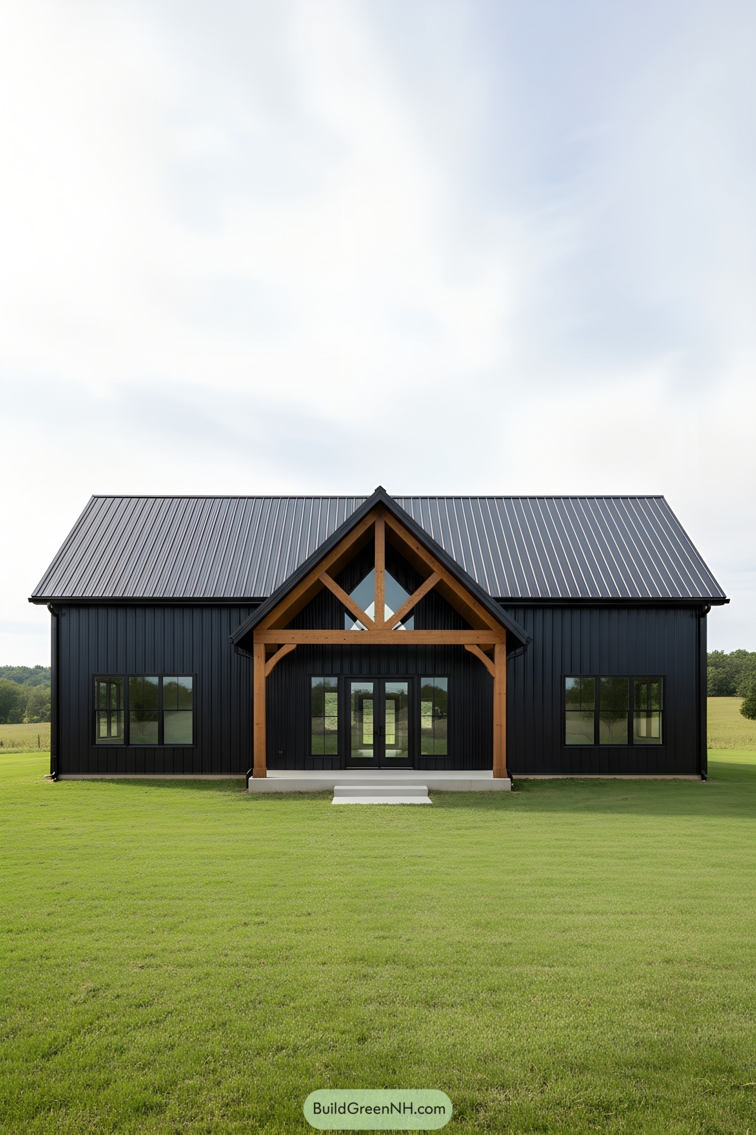 Black steel barndominium with timber entry