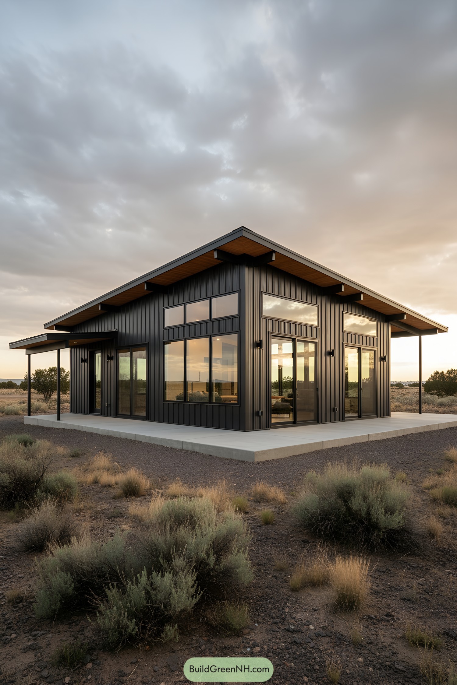 Black steel cabin with broad eaves and large windows in a desert setting