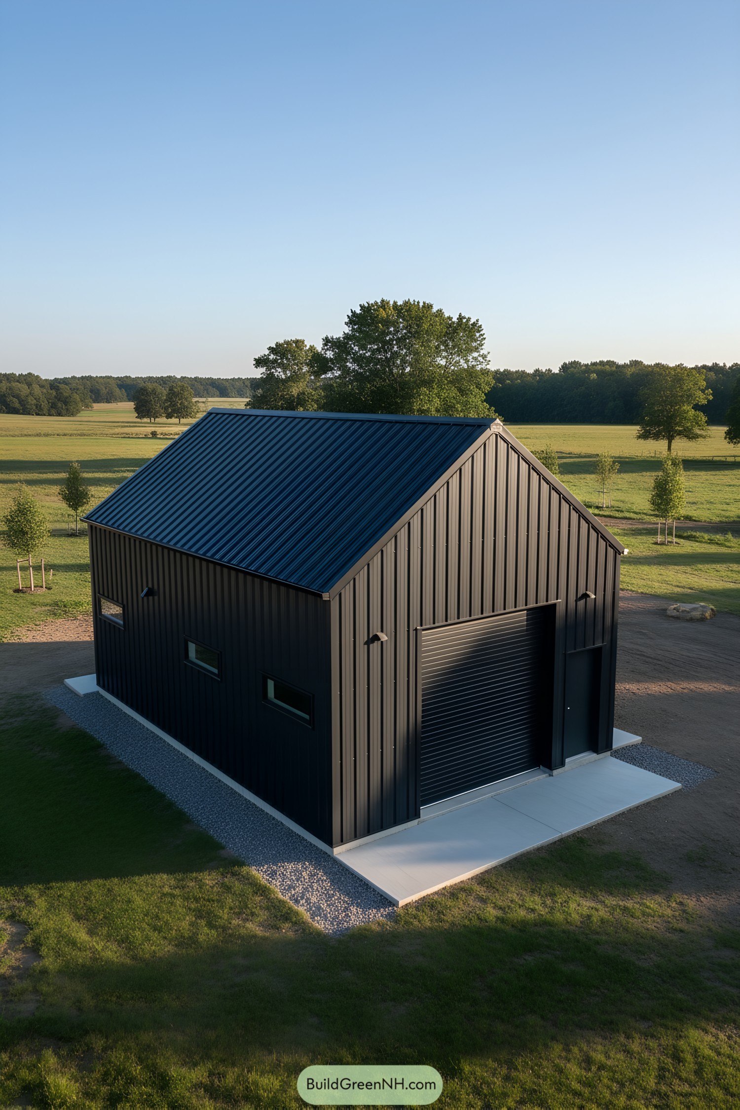 Matte black steel gable house with roll-up door