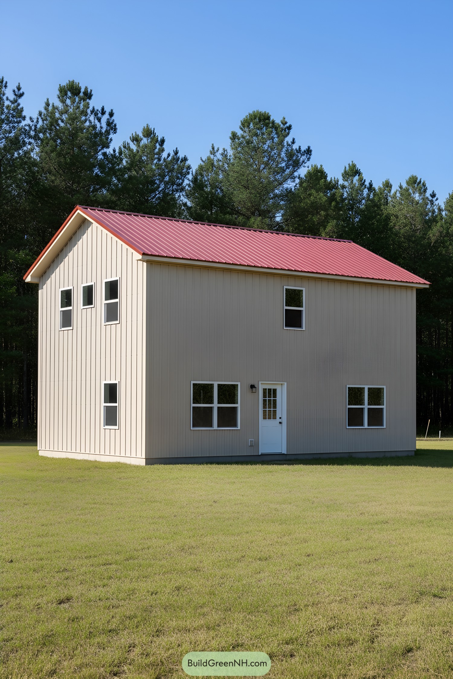 Compact steel farmhouse with red roof