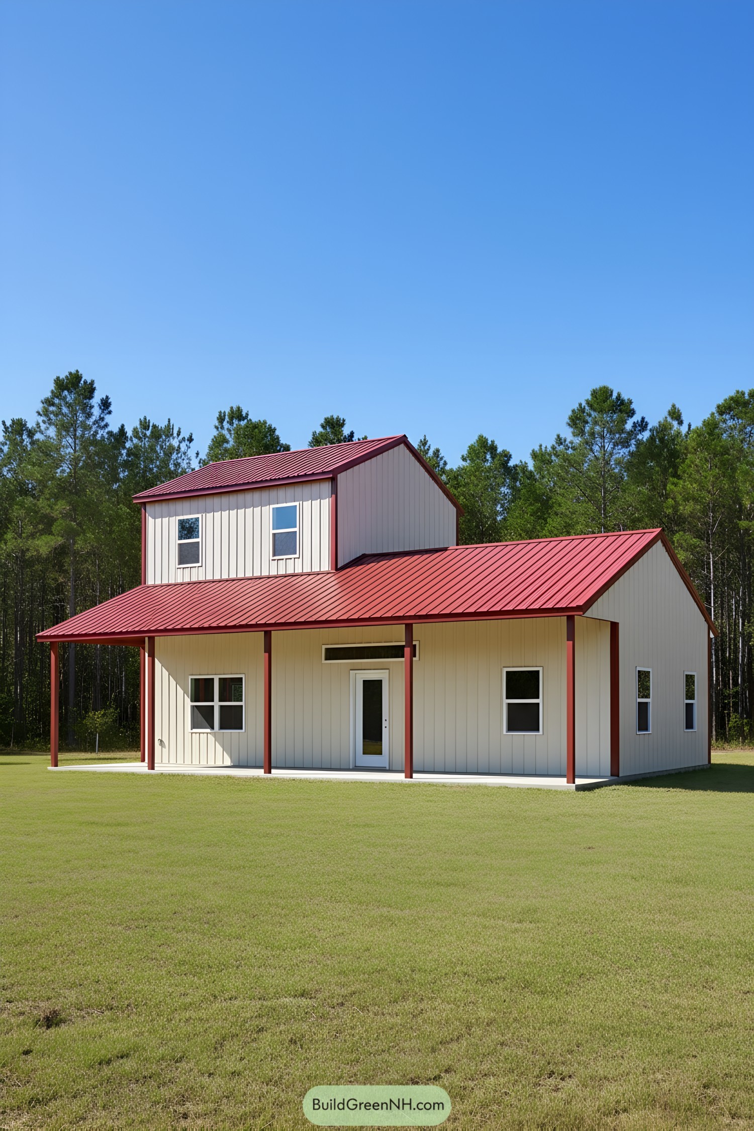 Two-story cream metal barndominium with red roof and posts, wraparound porch, and simple rectangular windows set on open lawn by trees