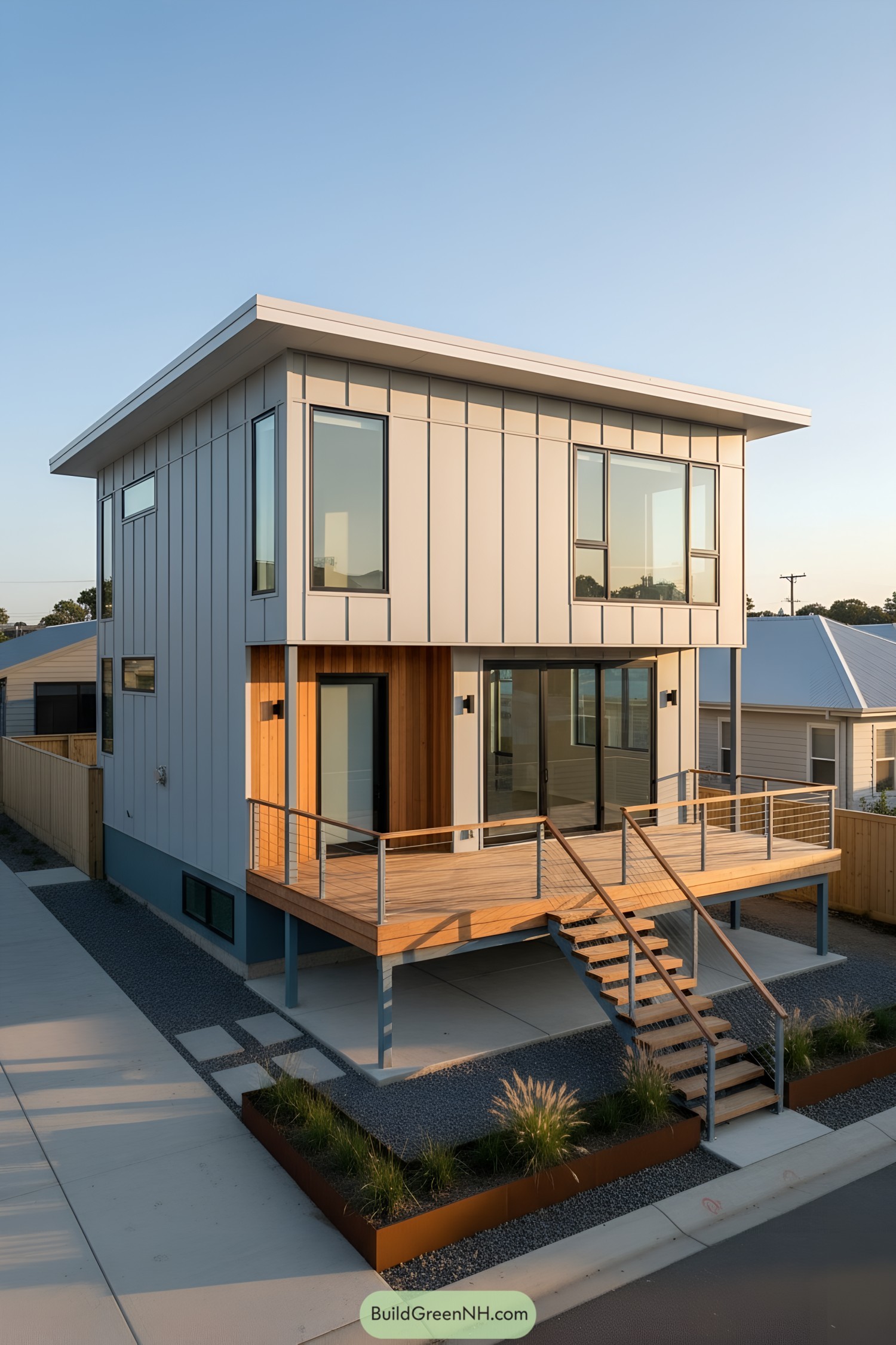 Two-story steel-frame house with cantilevered deck