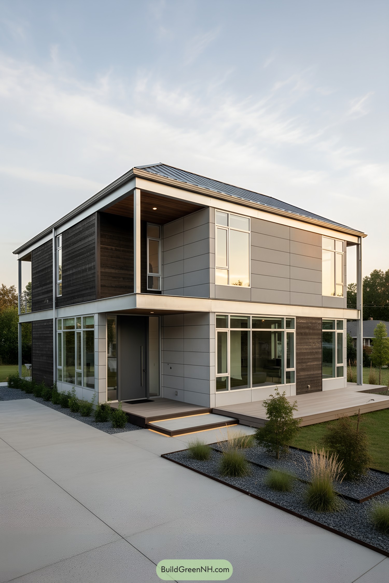 Two-story steel-frame home with paneled siding, large windows, and a covered entry