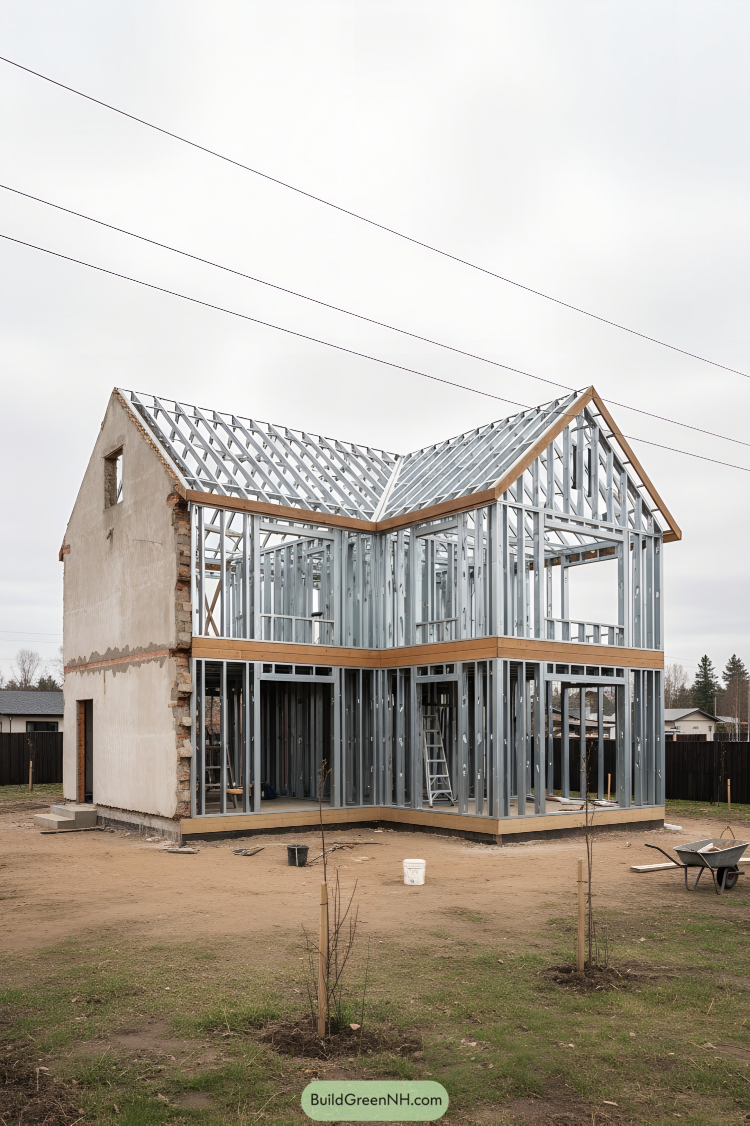 Two-story light-gauge steel frame with partial masonry wall