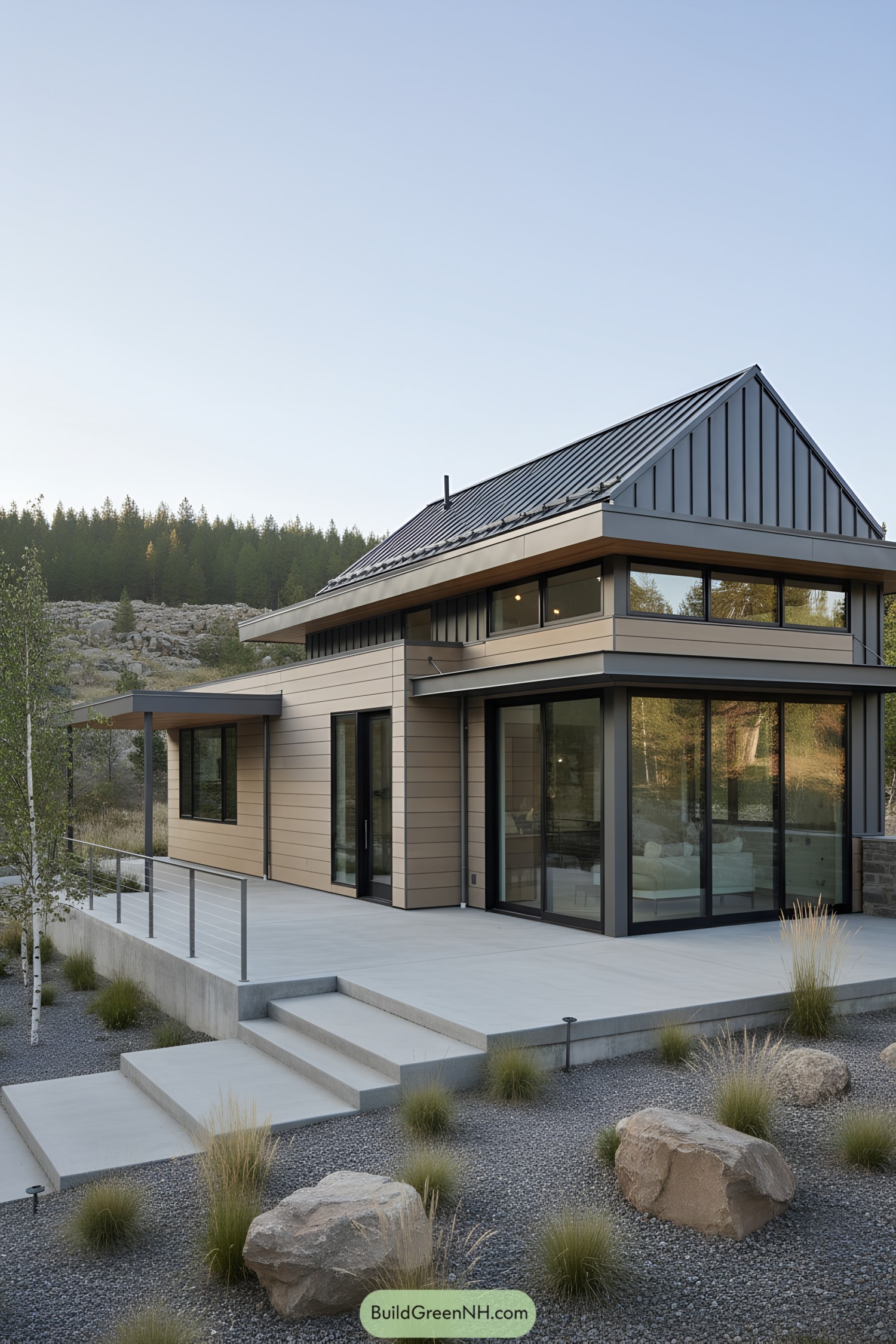 Modern steel-frame home with gabled metal roof, large glass walls, and tiered concrete terrace in a rocky landscape