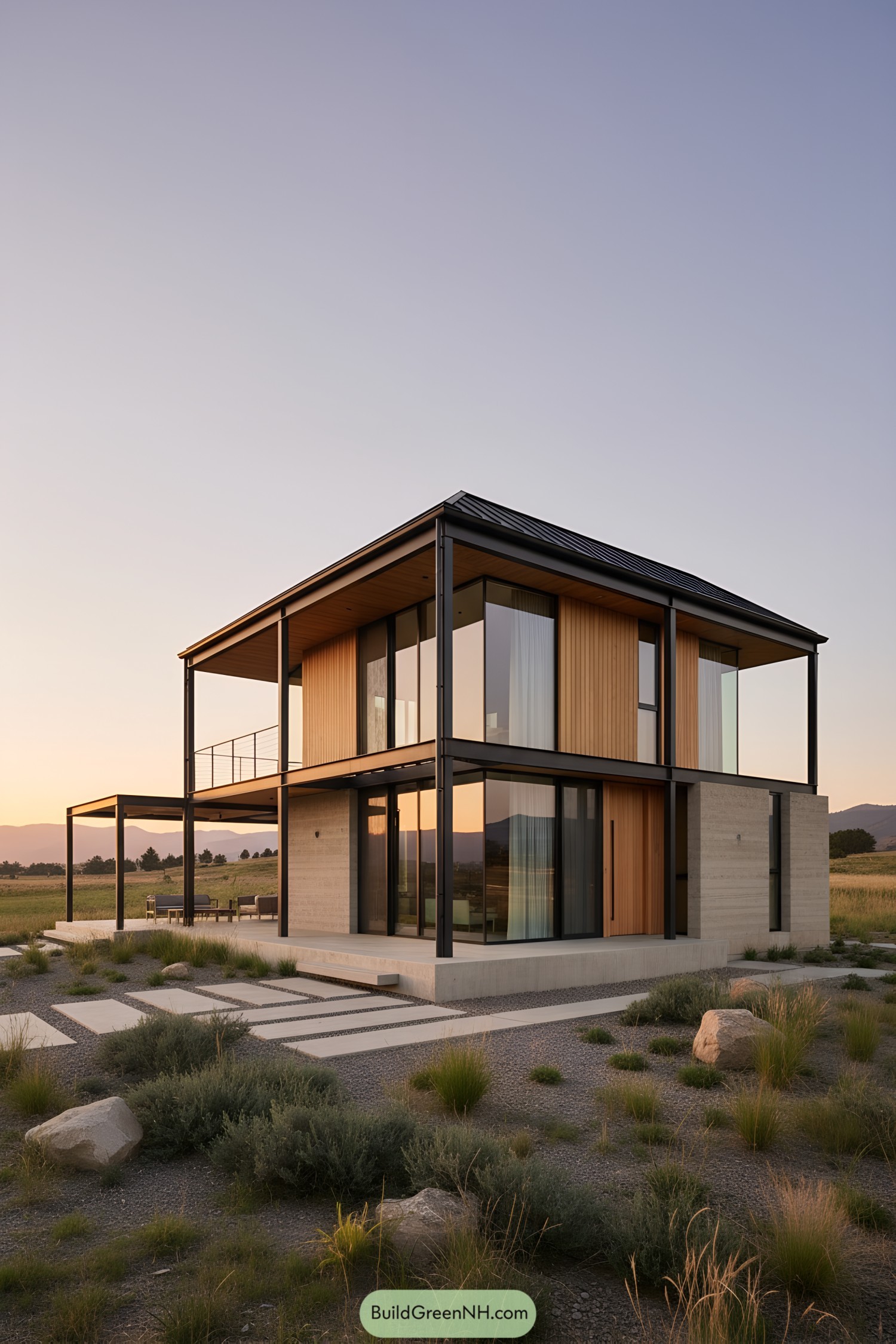 Two-story steel-frame home with wraparound verandas, glass walls, and wood cladding at sunset