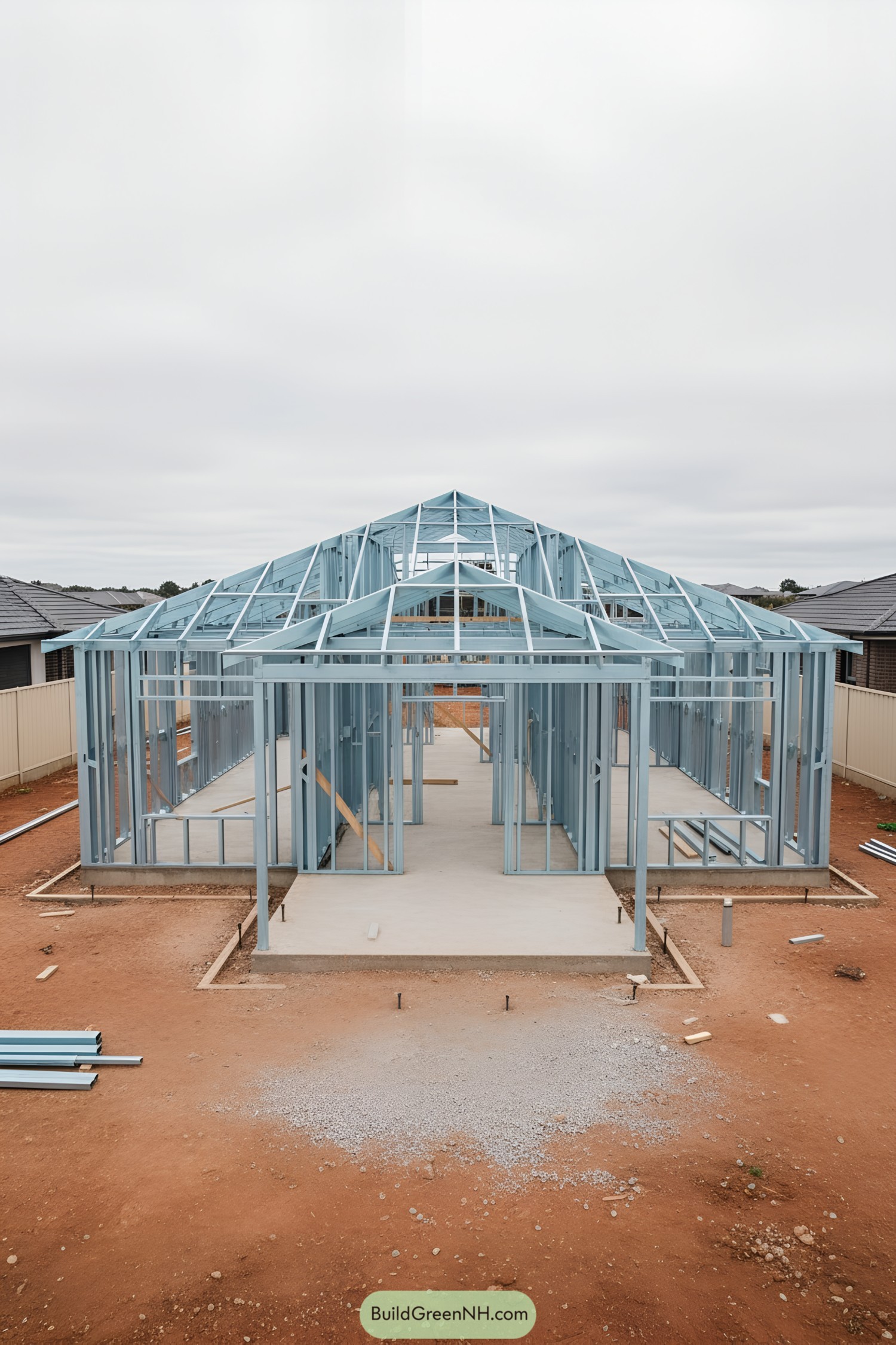Steel house frame with gabled roof under construction