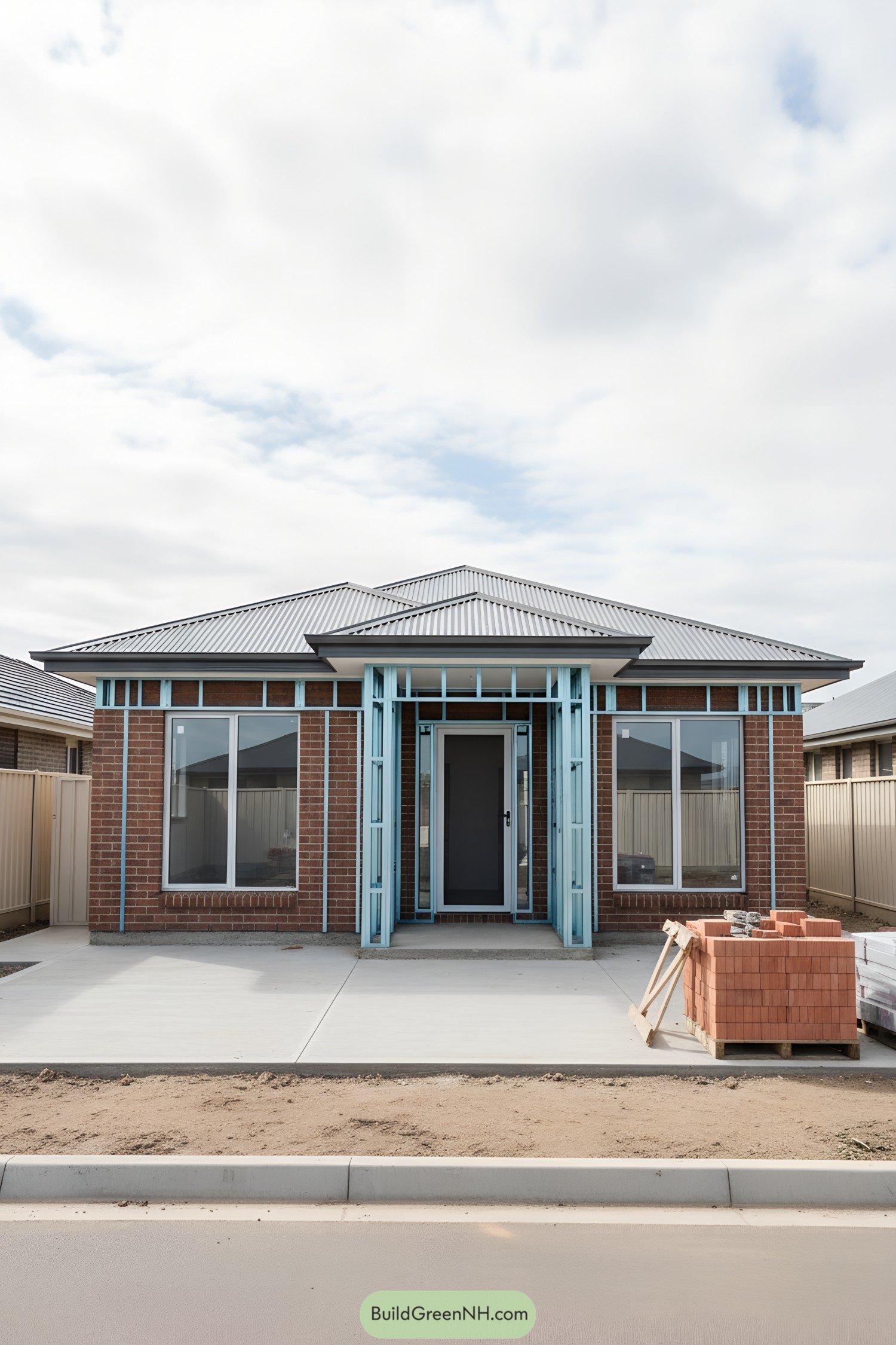 Single-story brick house with light blue steel framing