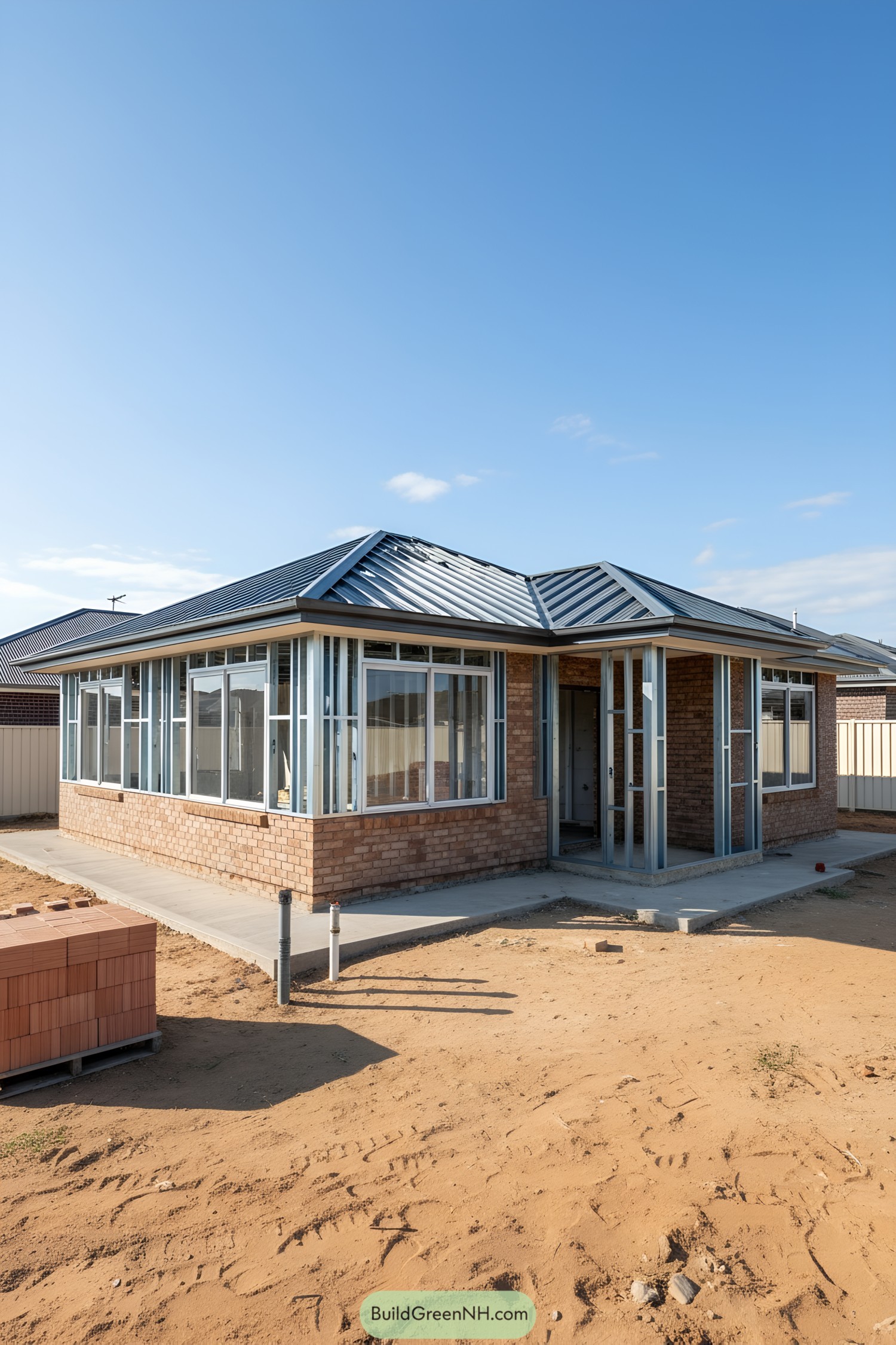Steel-frame brick house with hipped roof