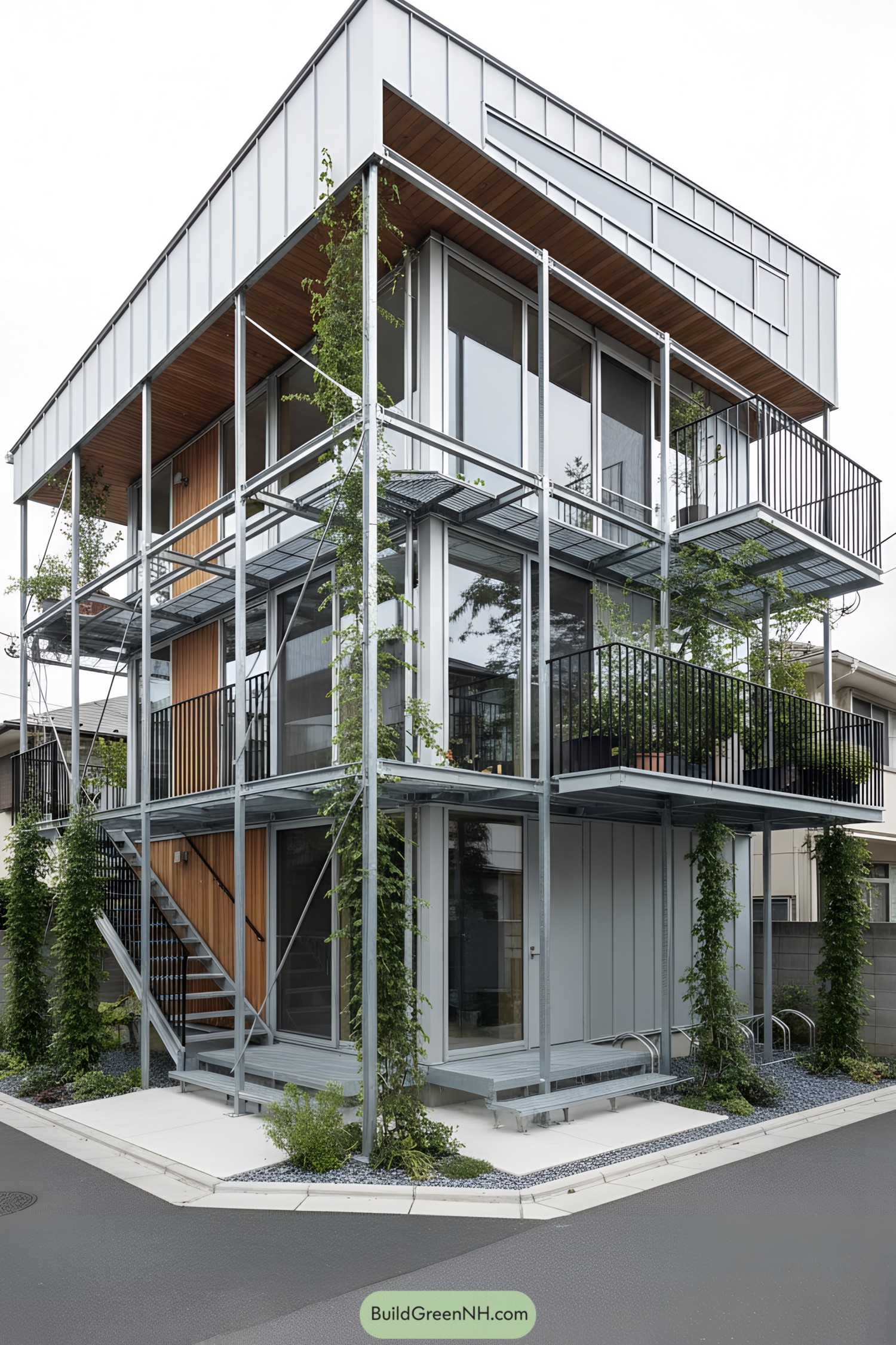 Three-story steel-frame house with layered balconies and climbing greenery