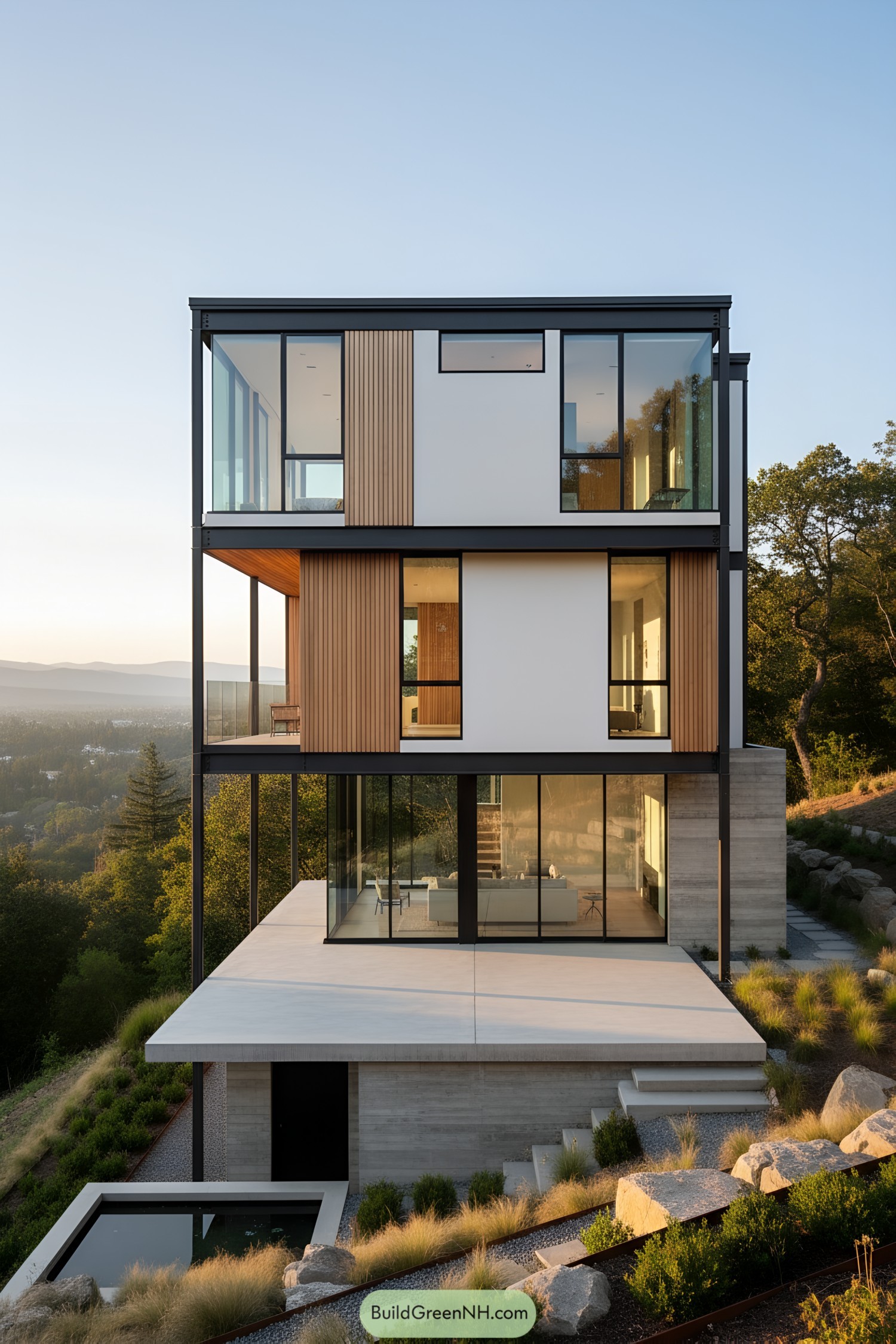 Three-story steel-and-glass hillside house with wood accents and broad terraces