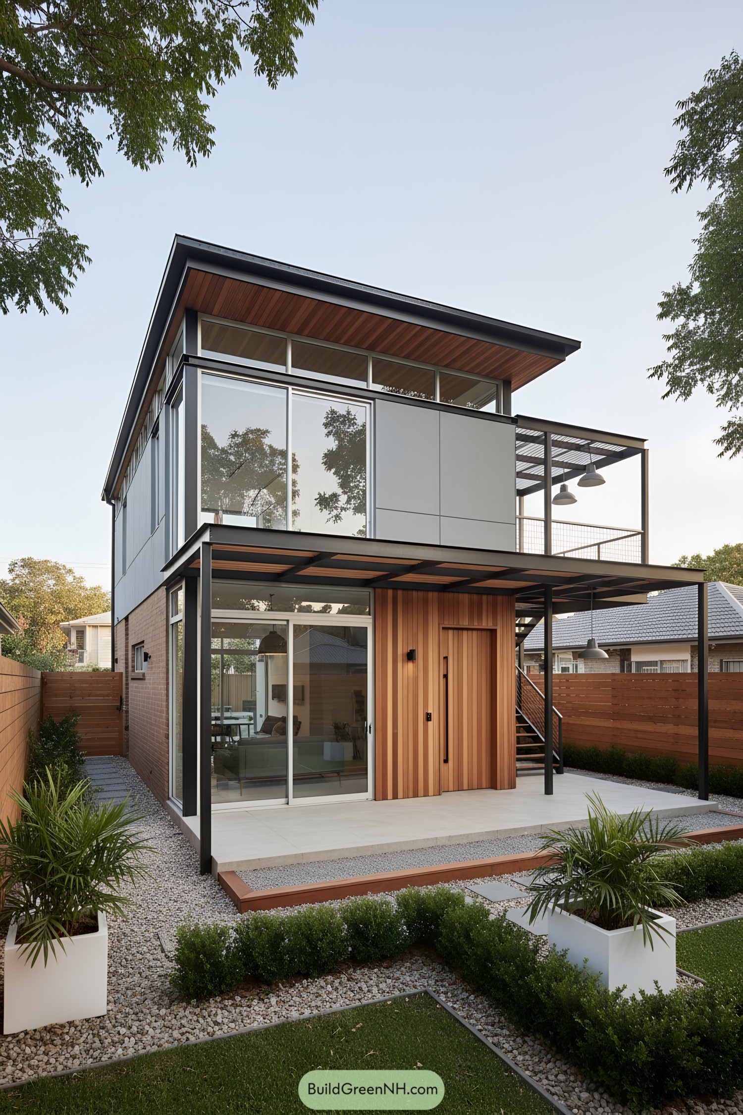 Two-story steel-frame home with wood accents and large glass panels