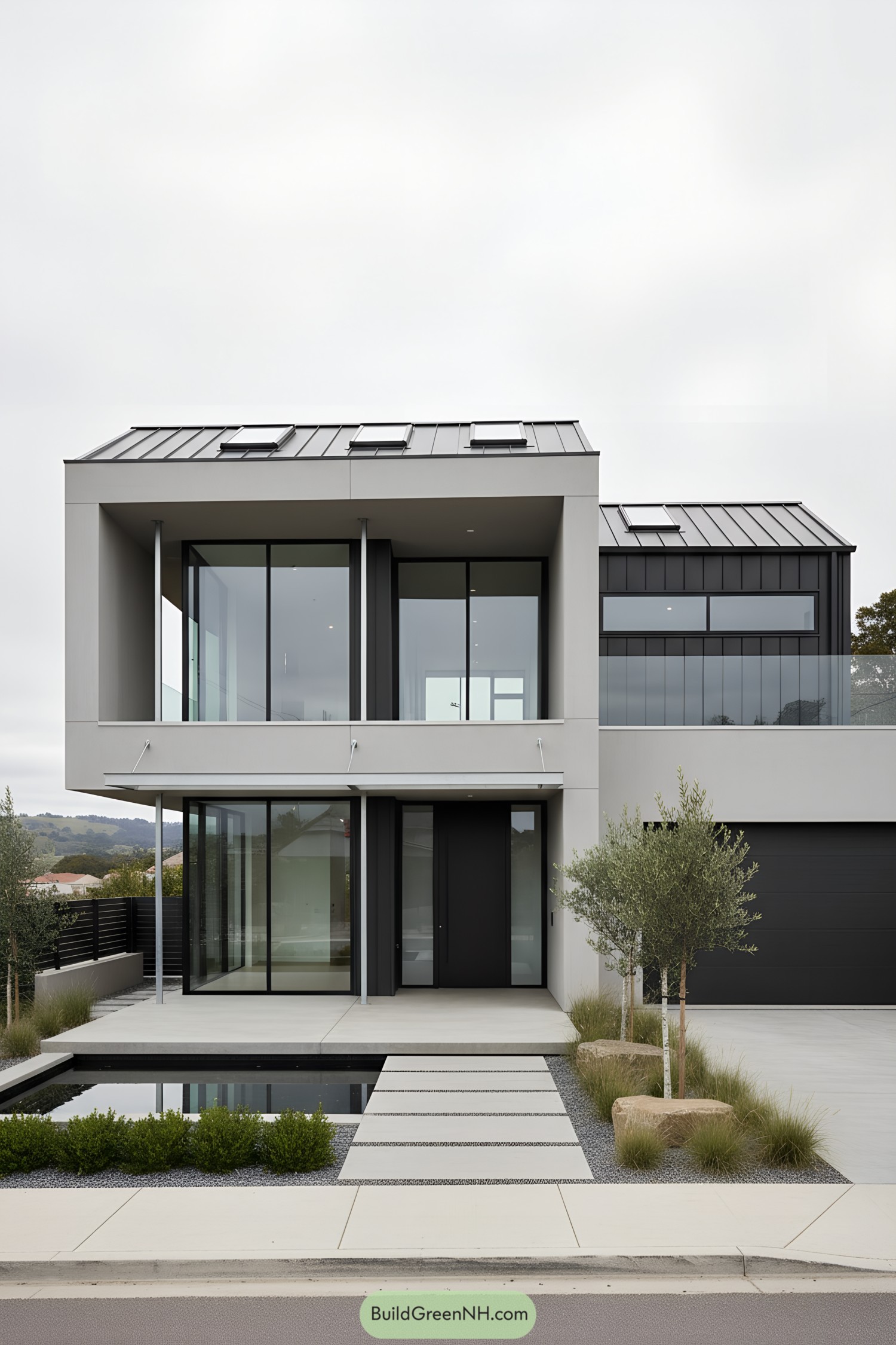 Two-story steel-and-glass modern house with metal gable roofs, deep balcony, and reflecting pool entry