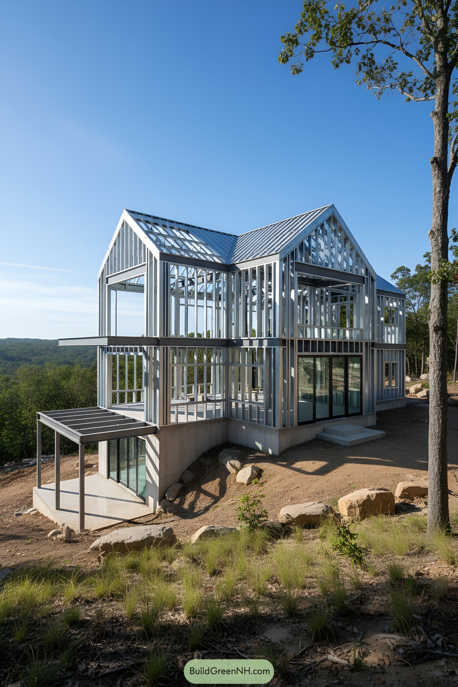 Two-story steel frame house with twin gables on a sloped site