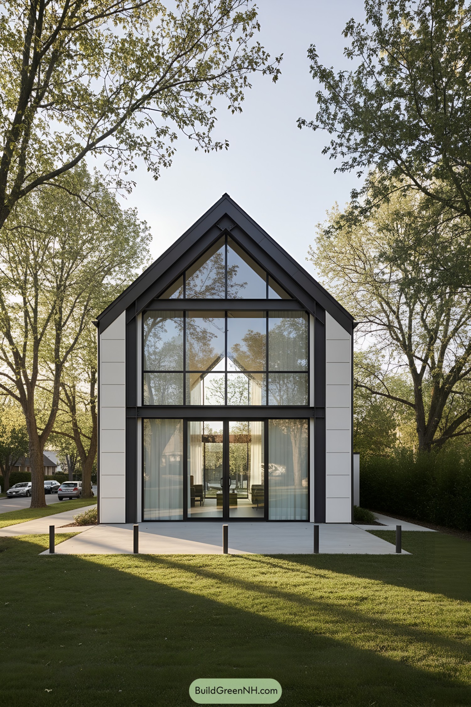 Tall glazed gable house with black steel frame