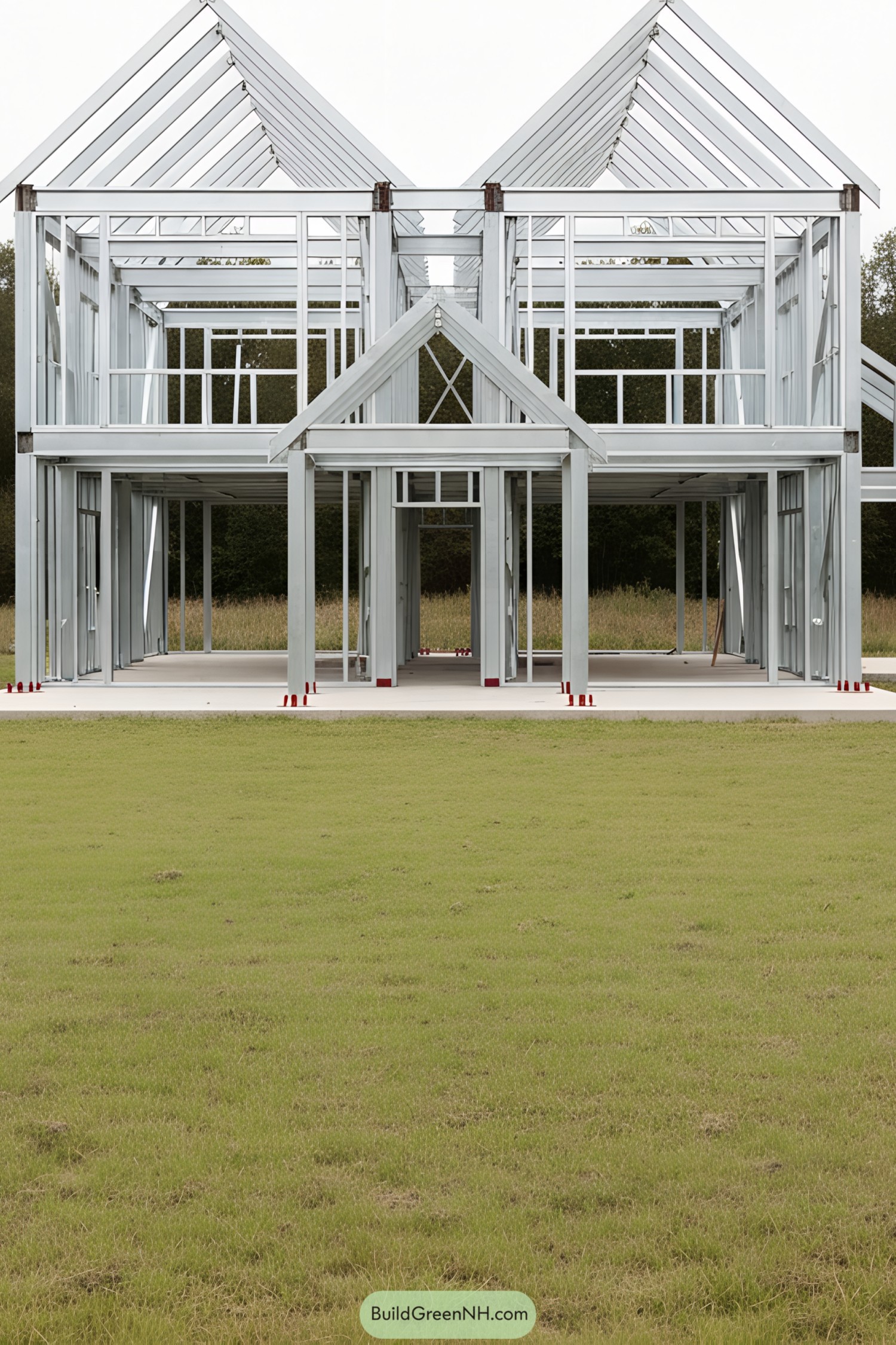 Open steel frame house structure on slab with twin gables