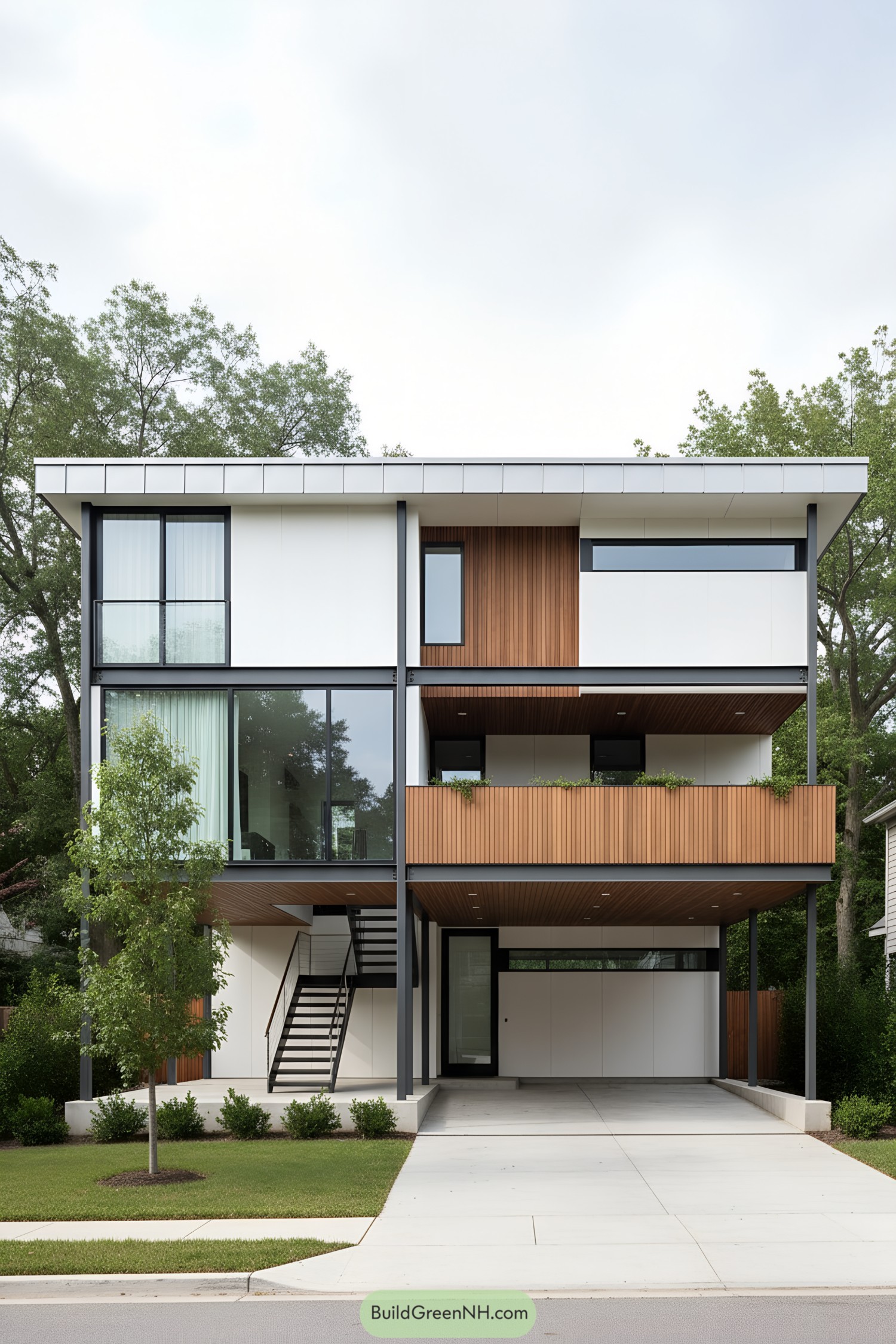 Modern steel-frame home with wood cladding, glass, and elevated carport