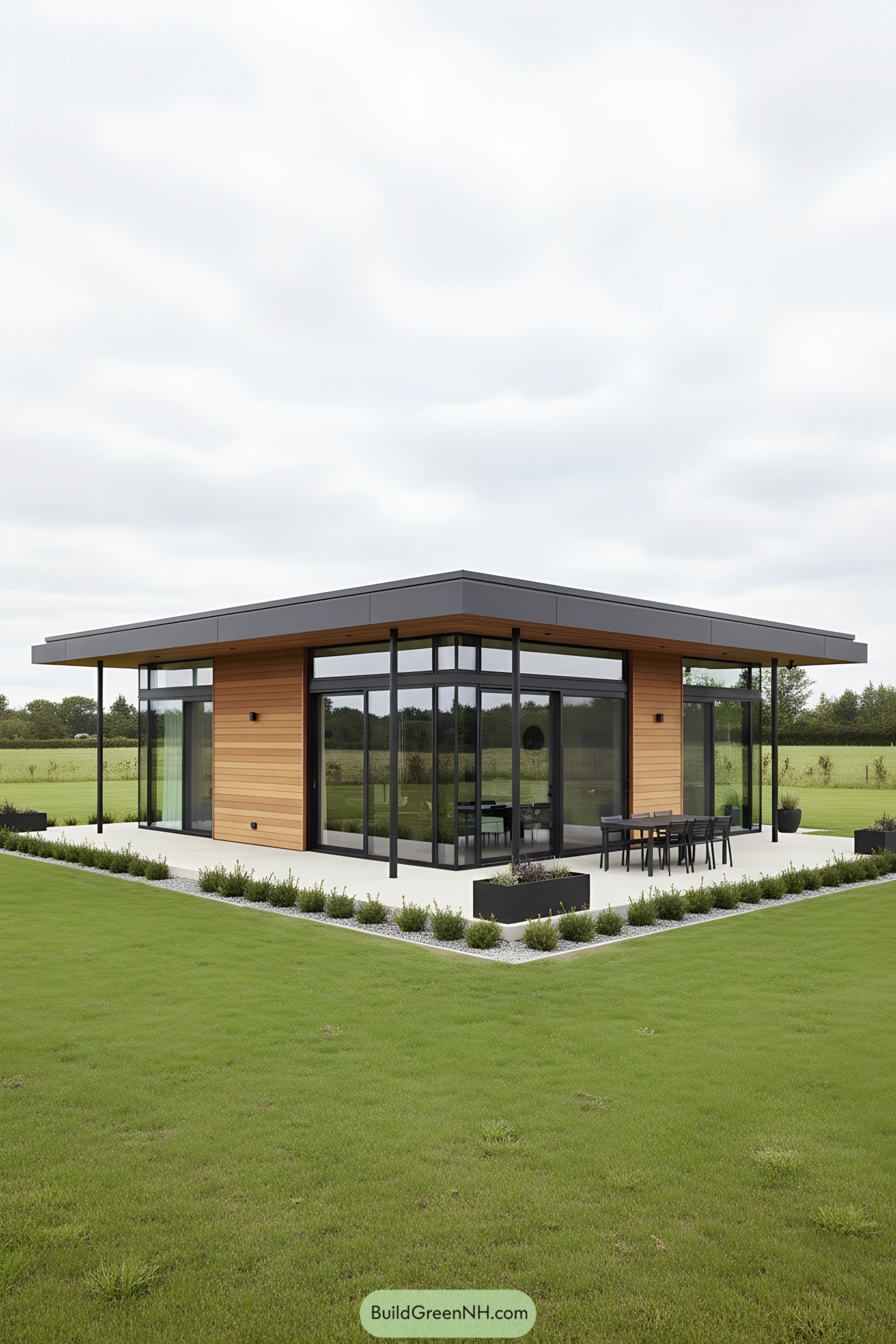 Single-story steel-and-glass home with flat roof and wood cladding on open lawn