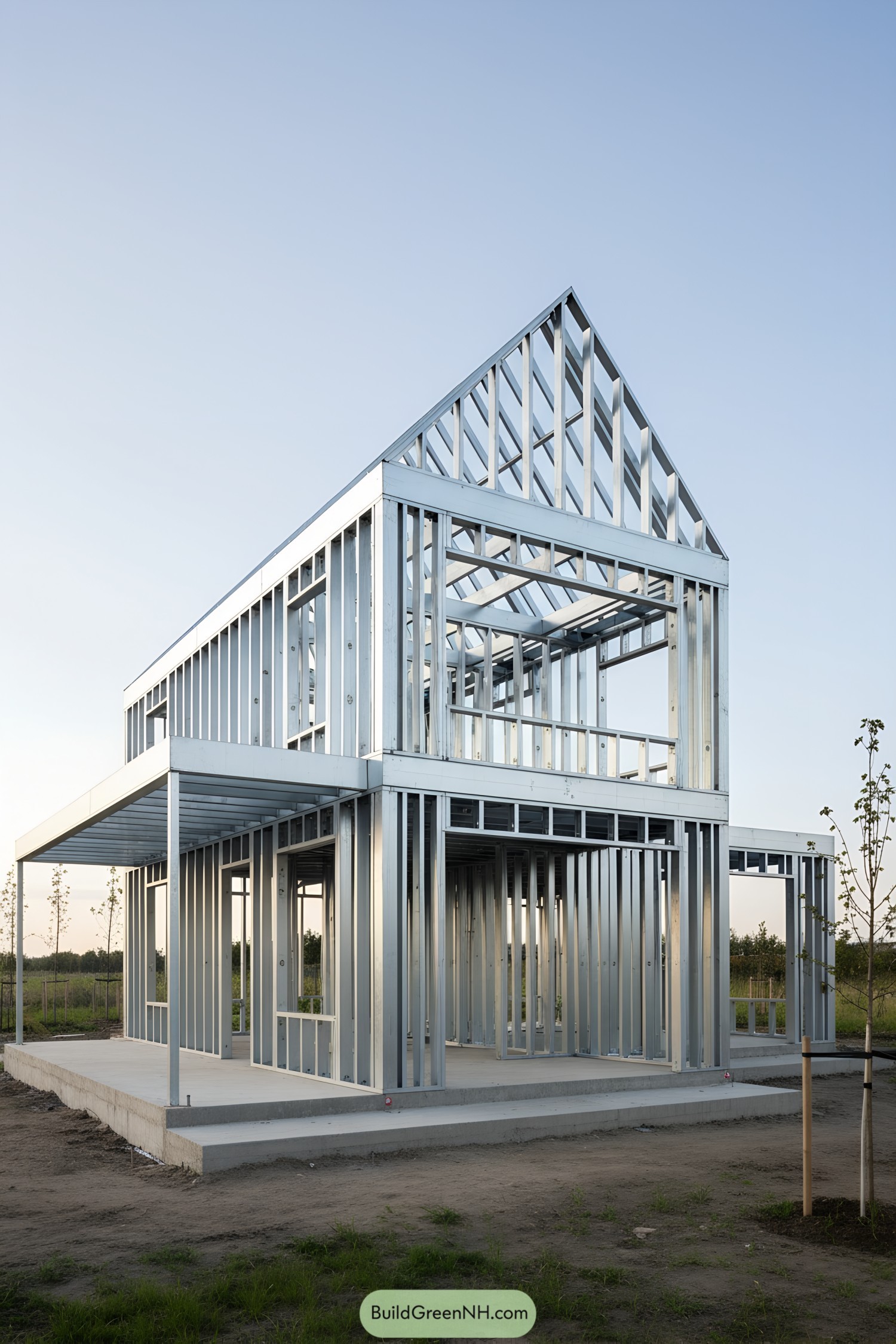 Two-story light-gauge steel frame with gabled roof on concrete slab