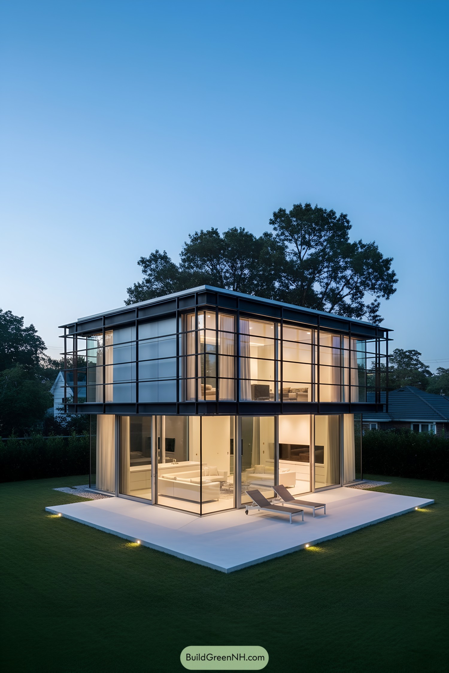 Two-story steel-and-glass cube house at dusk