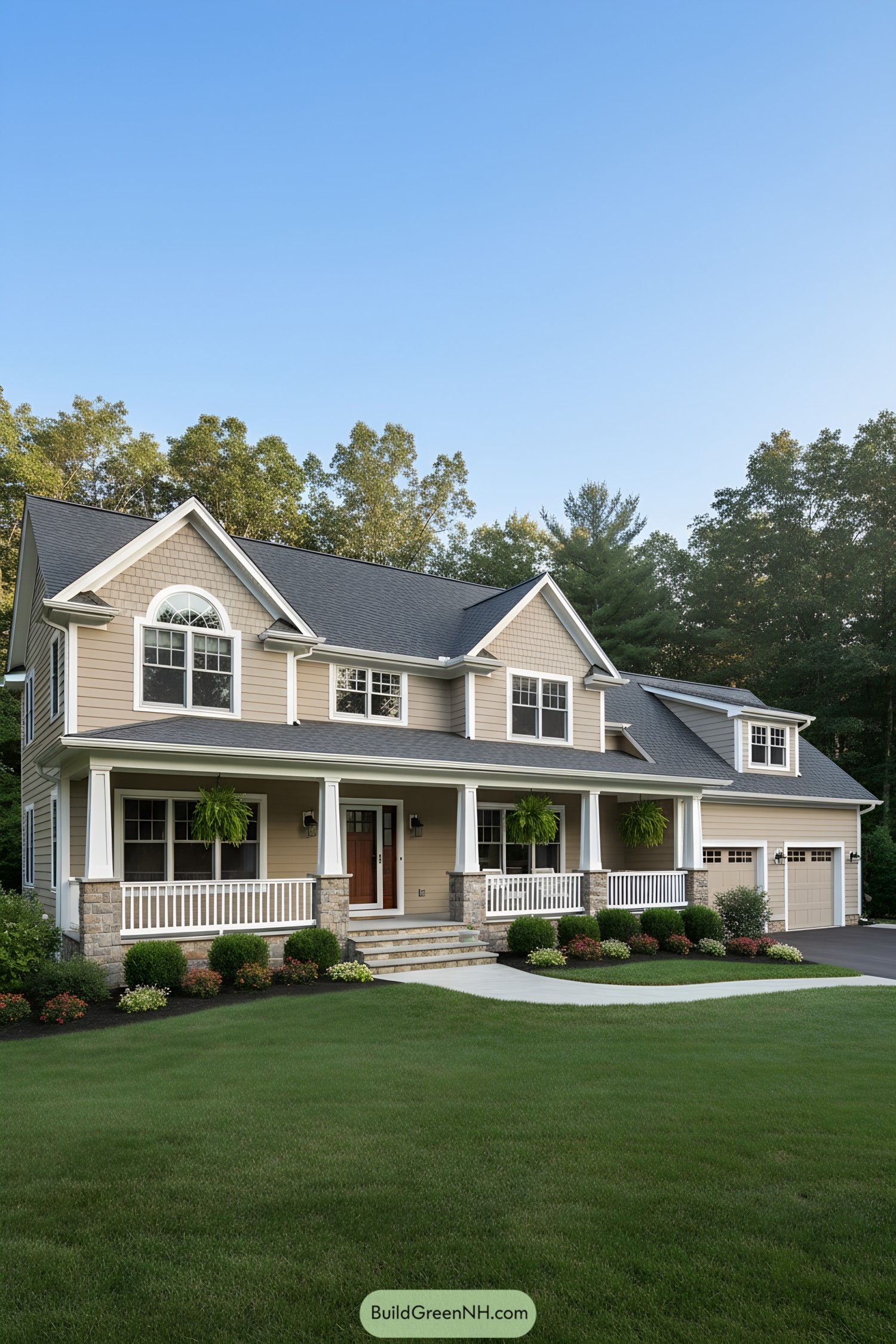 Two-story beige farmhouse with wraparound porch and gables