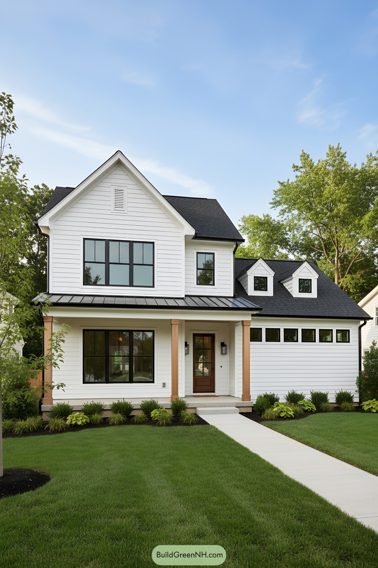 White farmhouse with black windows and porch