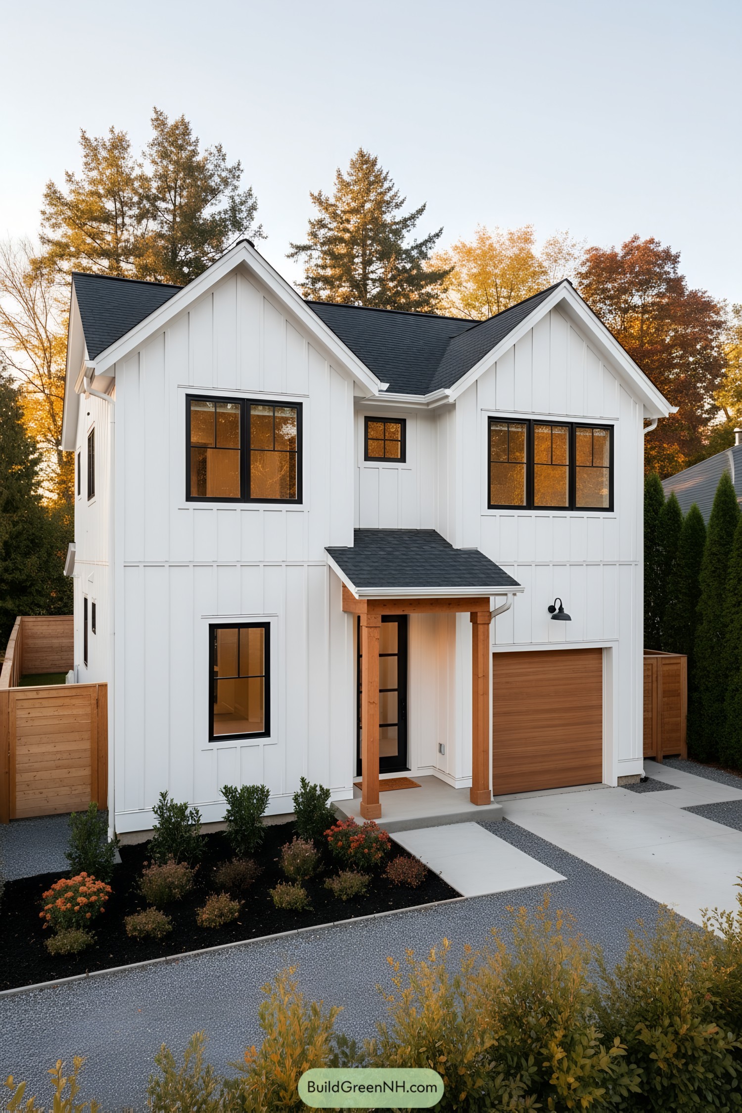 White board-and-batten farmhouse with cedar accents and black windows