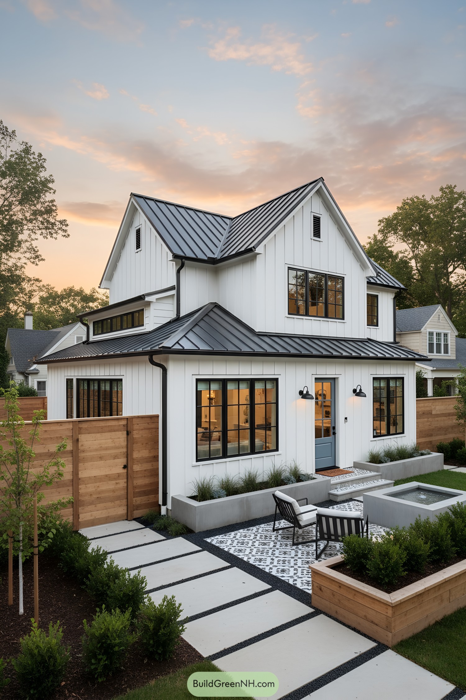 White farmhouse with black metal roof and a cozy courtyard patio