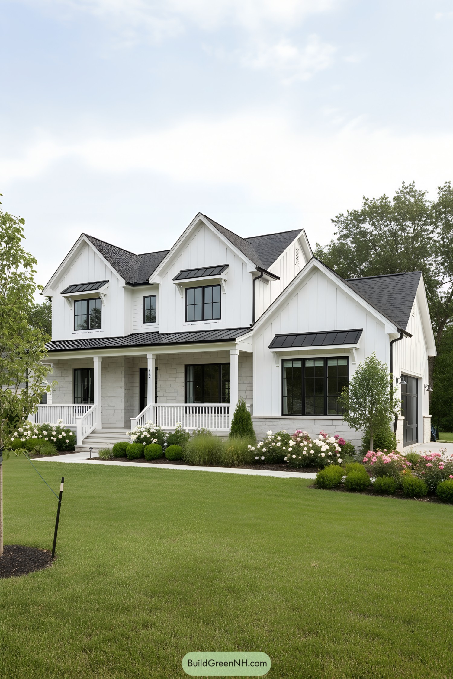 White farmhouse with black windows and gables