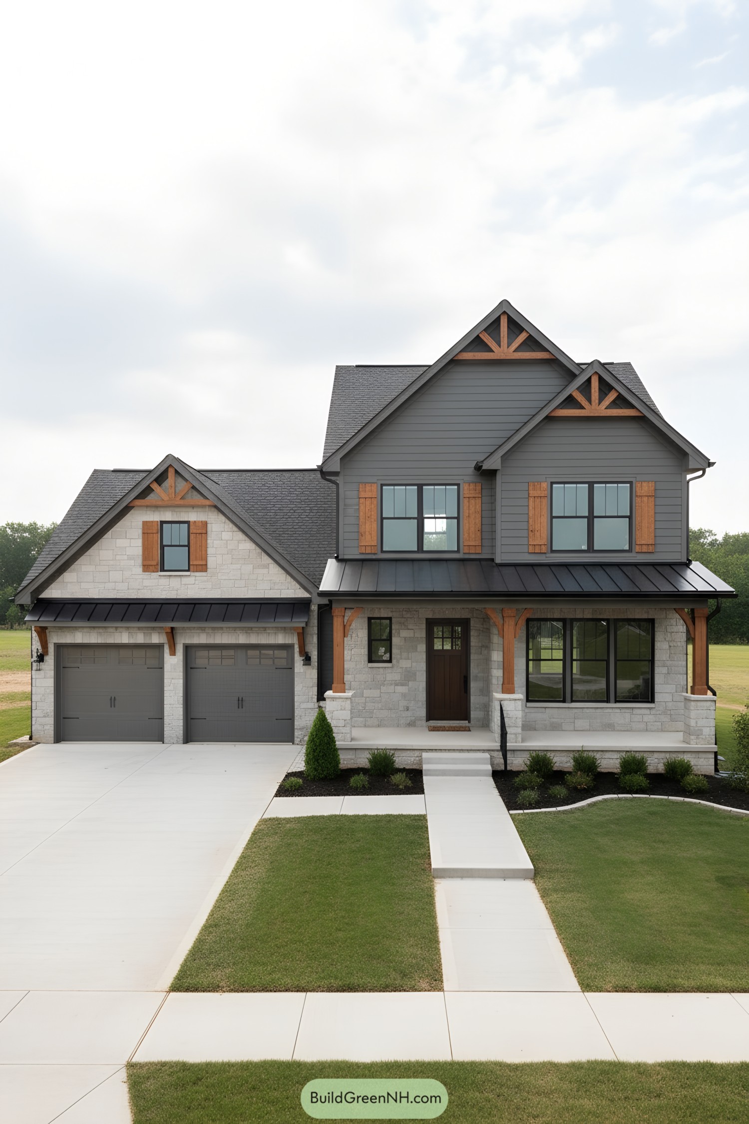 Two-story suburban farmhouse with gray siding, stone facade, black metal porch roof, and warm wood accents around windows and gables