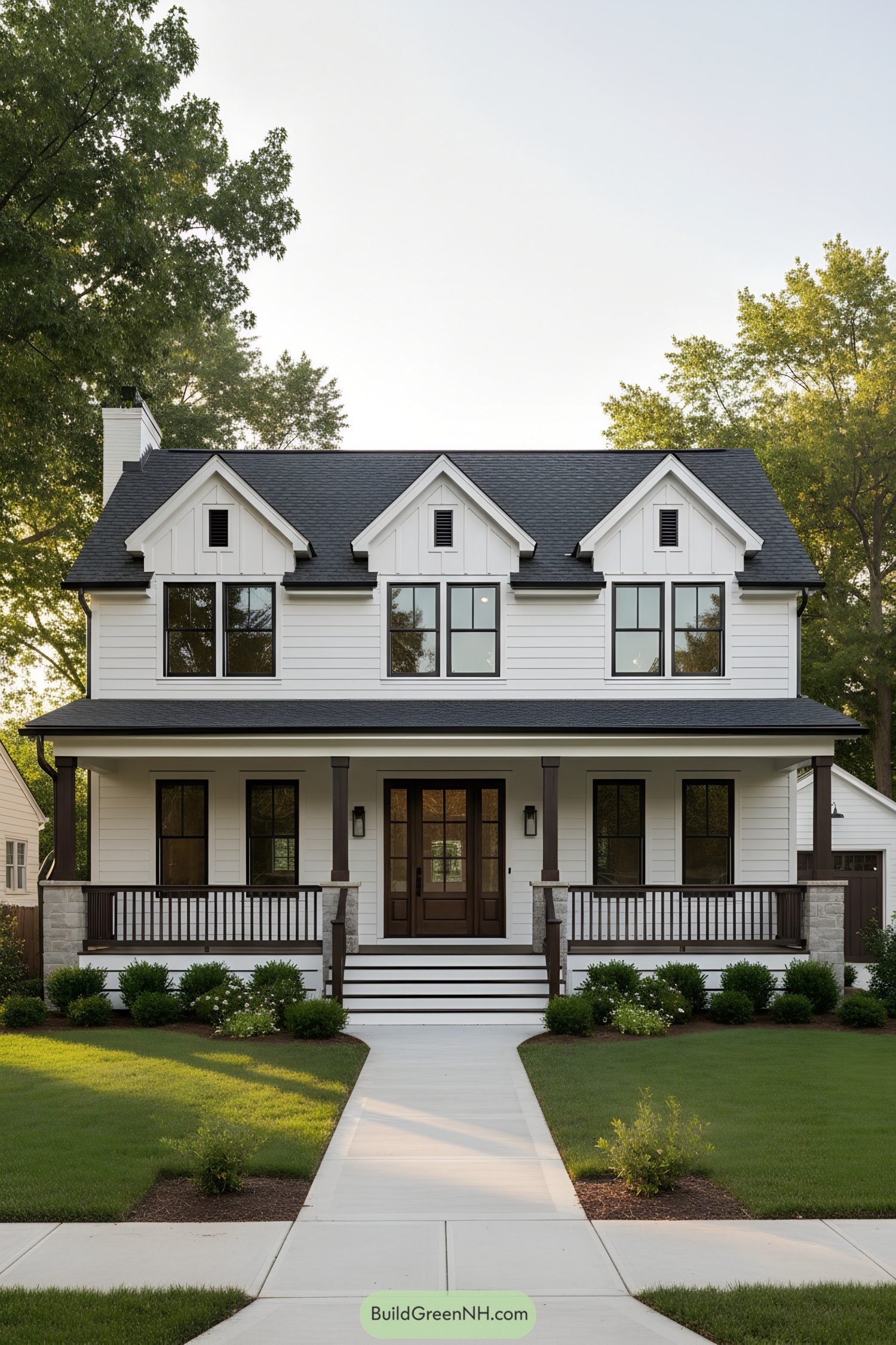 White farmhouse with three gables and dark trim, wraparound front porch, and landscaped lawn