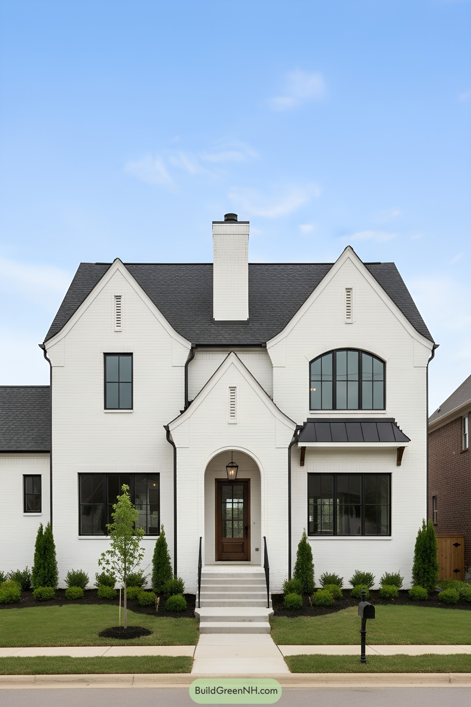 White brick farmhouse with steep gables, black windows, and centered arched entry