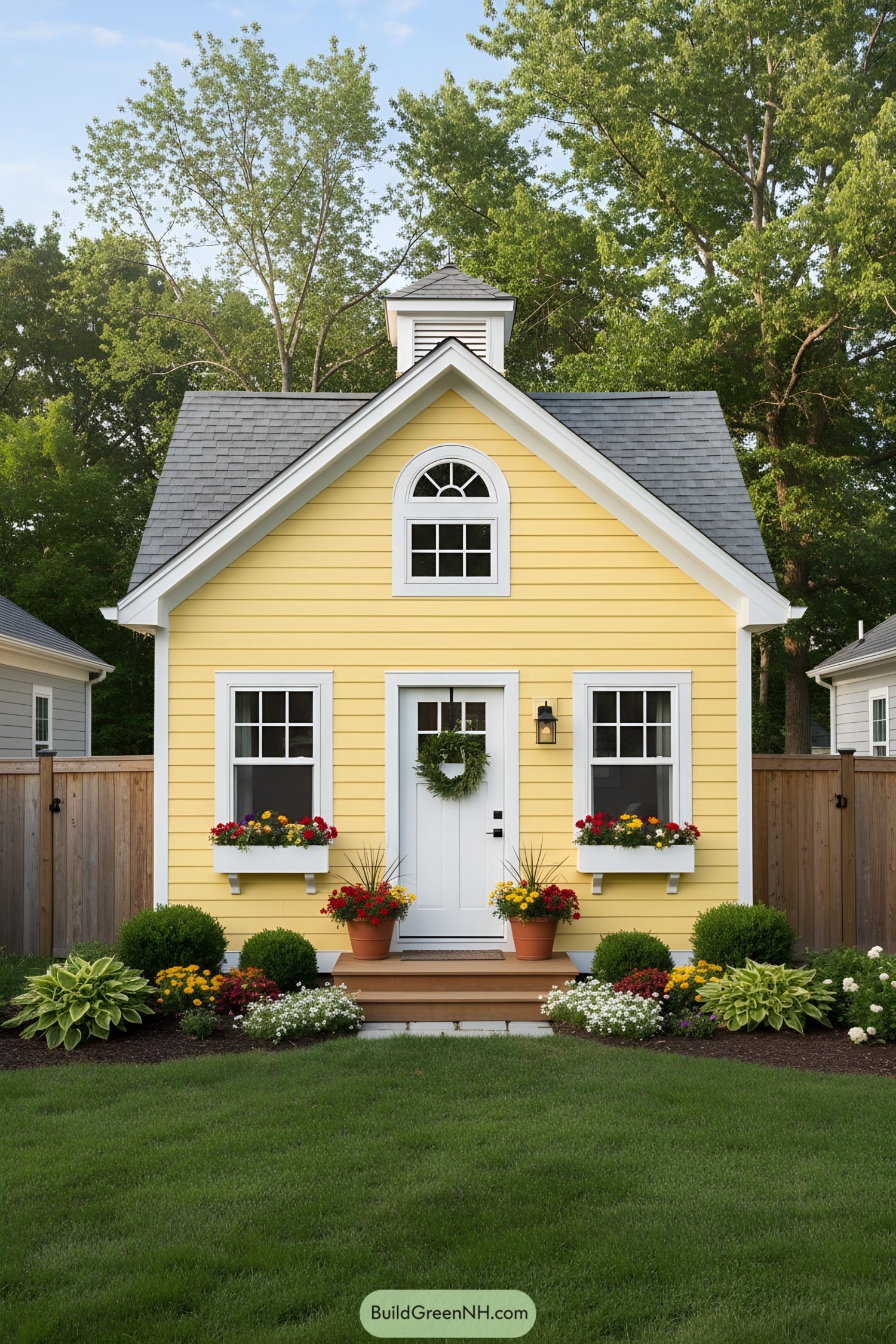 Yellow clapboard micro-barn with cupola and flower boxes