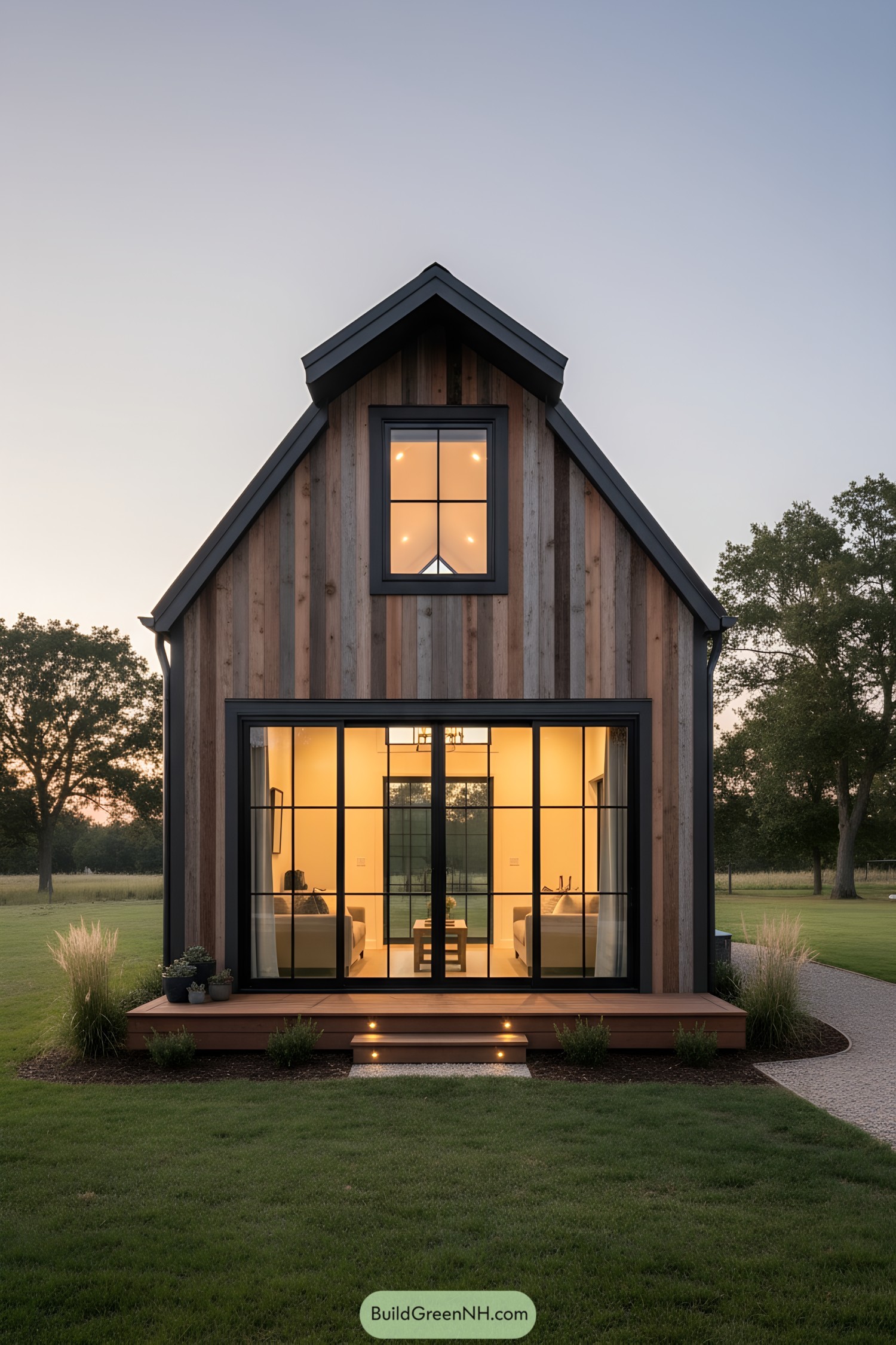 Tiny barn house with vertical wood siding and large black-framed glass doors glowing at dusk