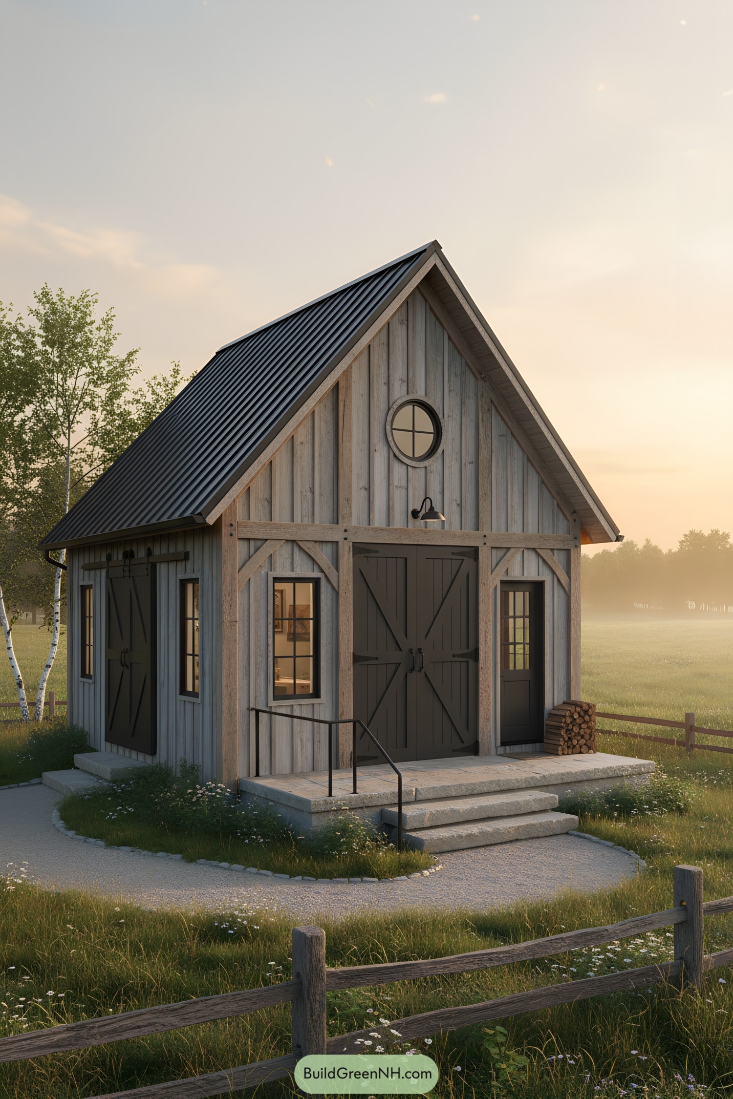 Tiny barn with weathered wood and dark doors