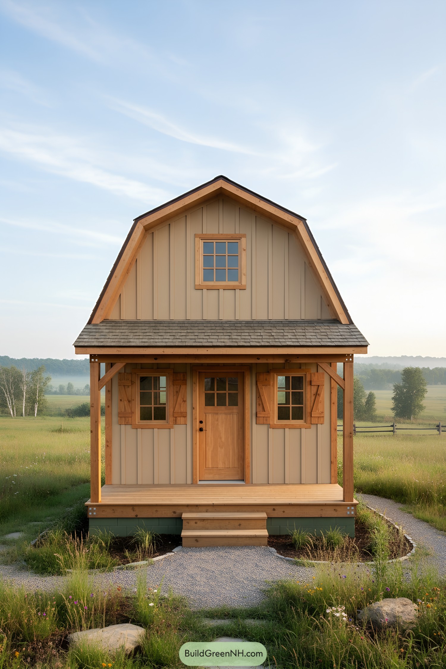 Tiny barn house with beige board-and-batten siding, warm wood trim, and a small front porch in a meadow