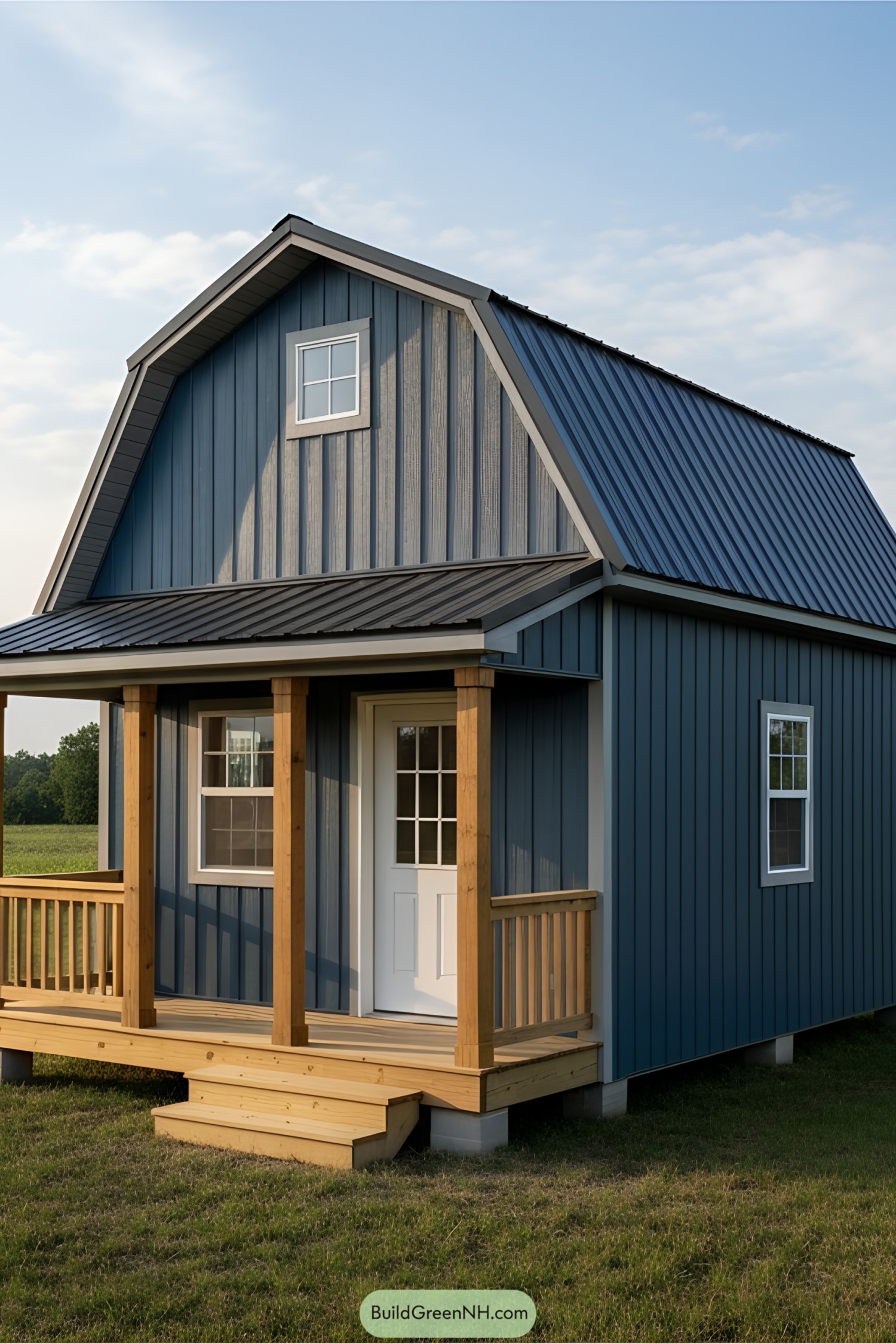 Small blue barn house with gambrel roof and wood porch