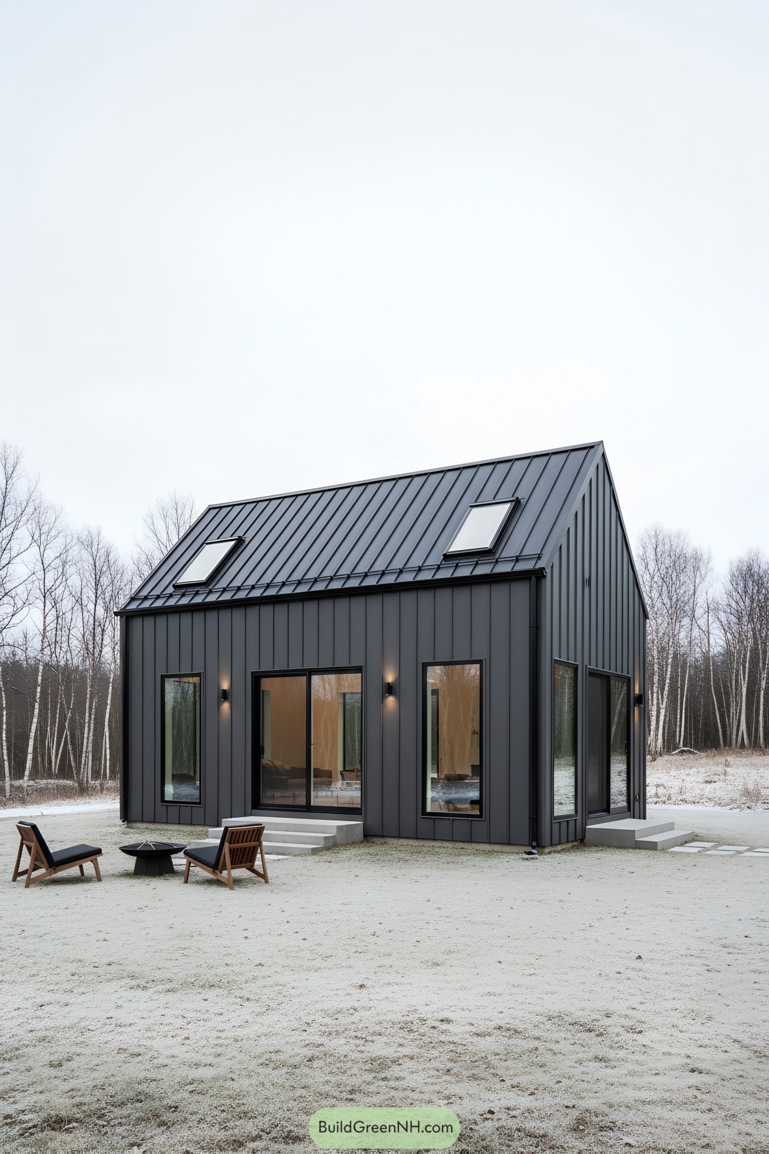 Dark metal-clad tiny barn with skylights and large windows