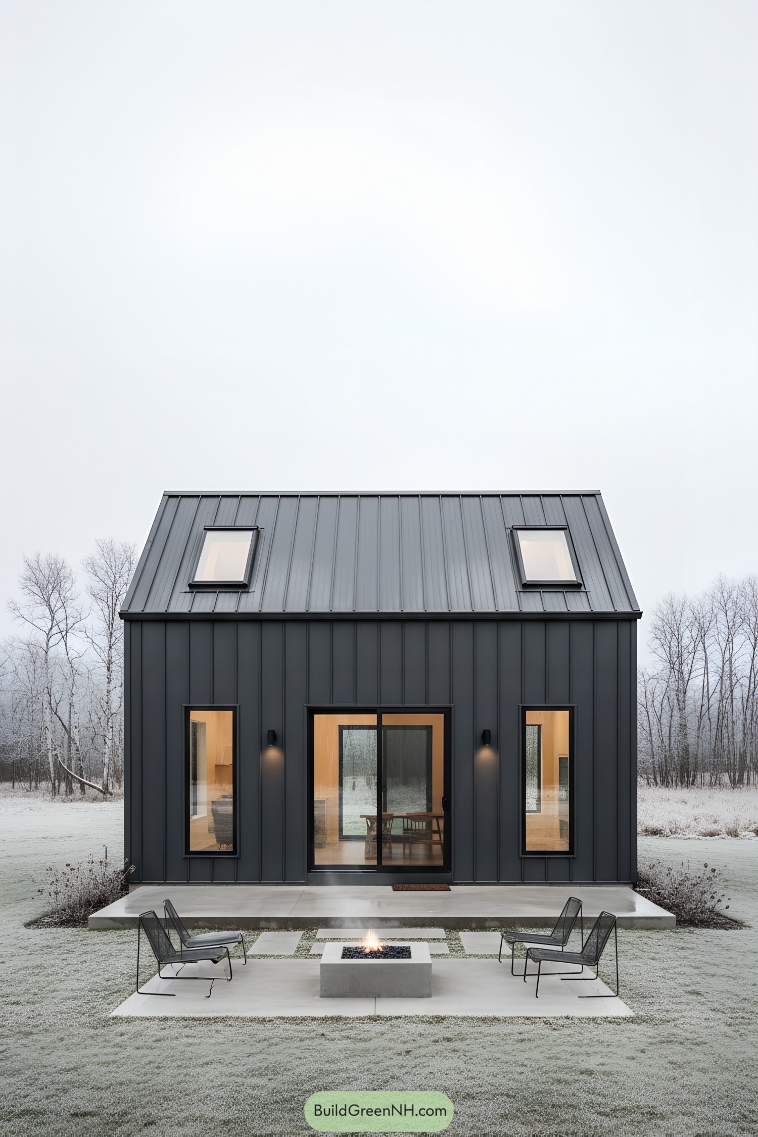 Modern black barn cabin with patio firepit