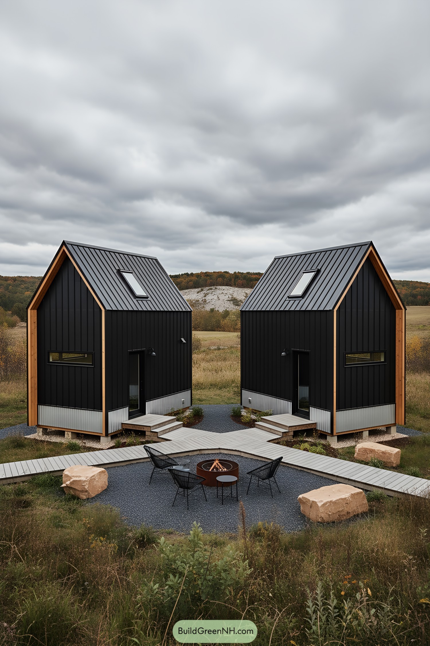 Two modern black tiny barn cabins facing a shared fire pit in a meadow