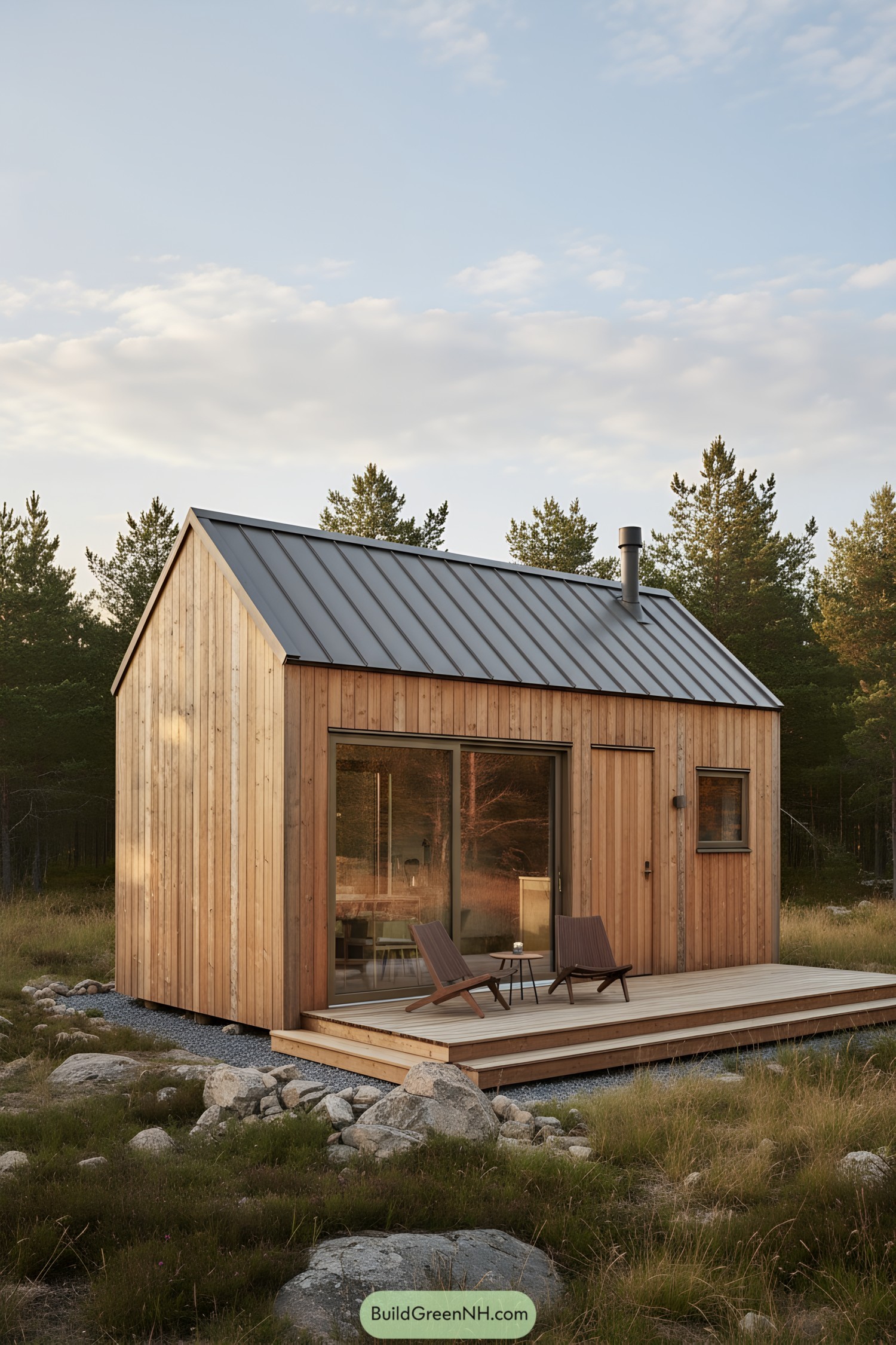 Tiny cedar barn cabin with metal roof and deck