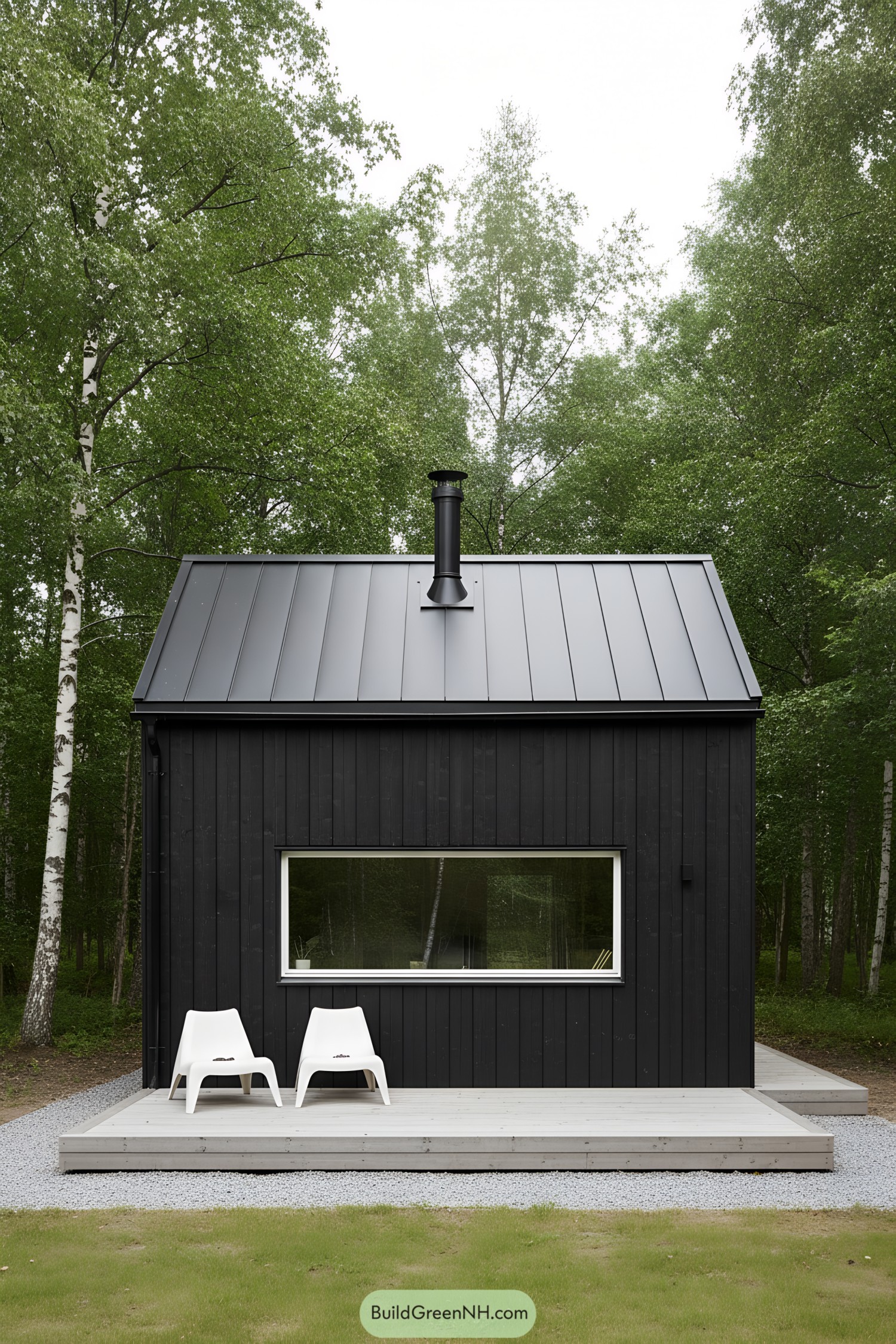 Black micro barn with long window and deck
