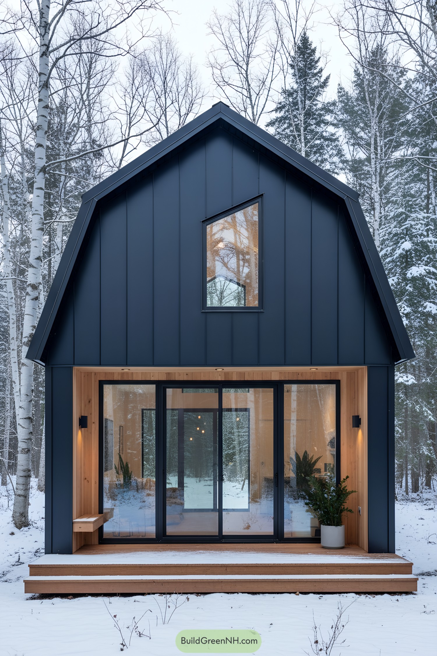 Small black gambrel cabin with glass front