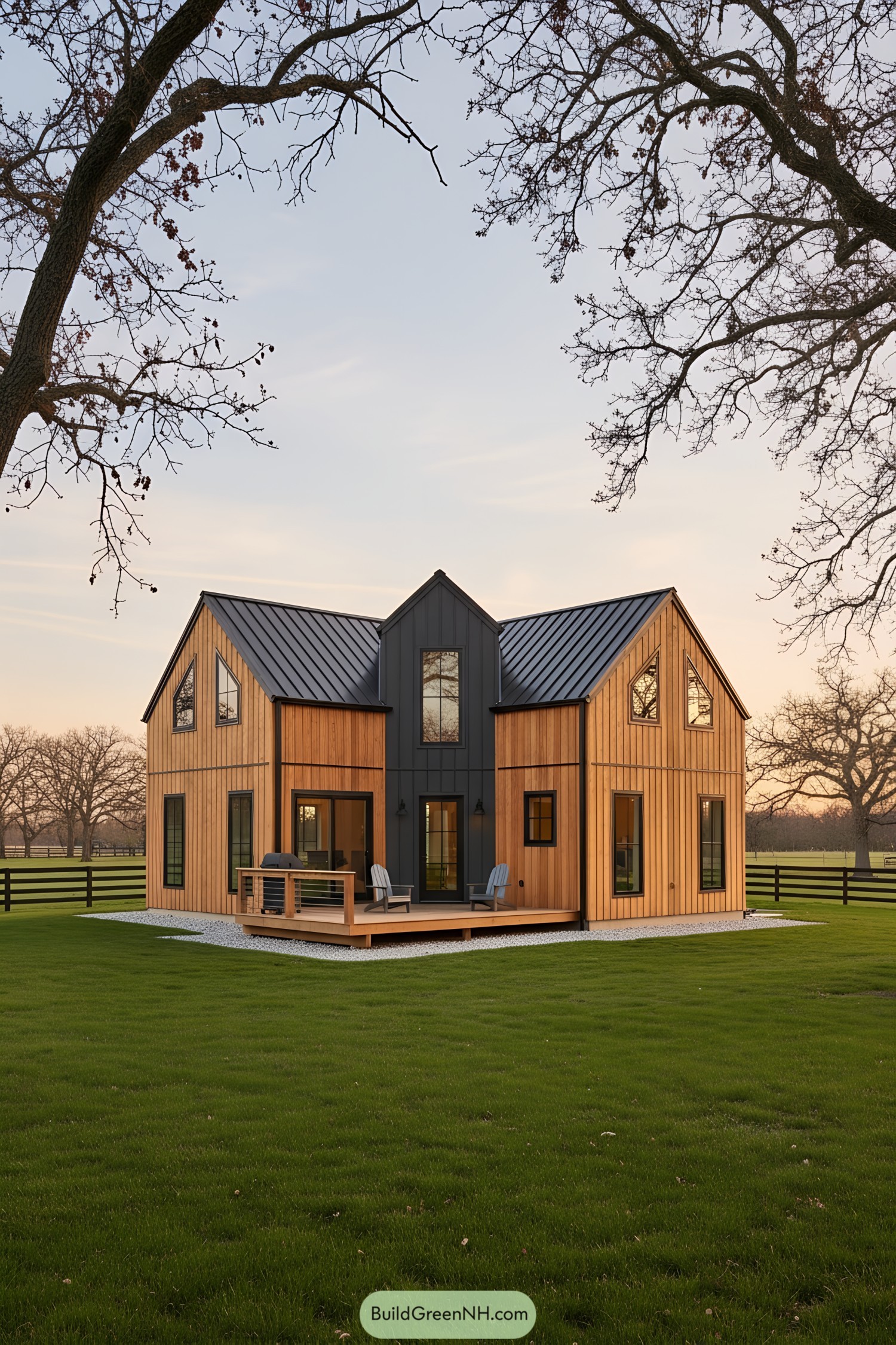 Compact barn home with cedar siding, black metal roof, and central porch at sunset