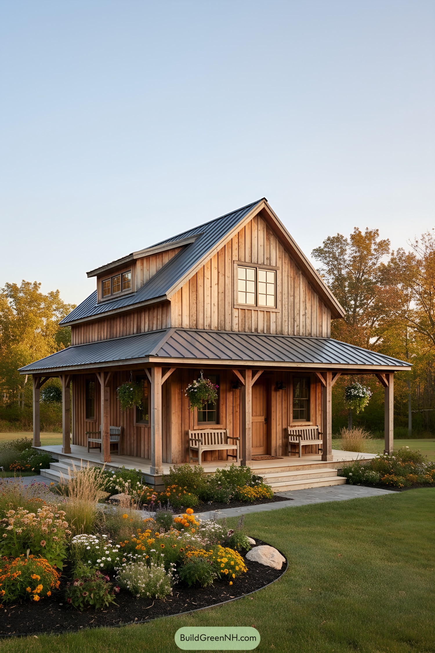 Small timber barn house with metal roof and wraparound porch