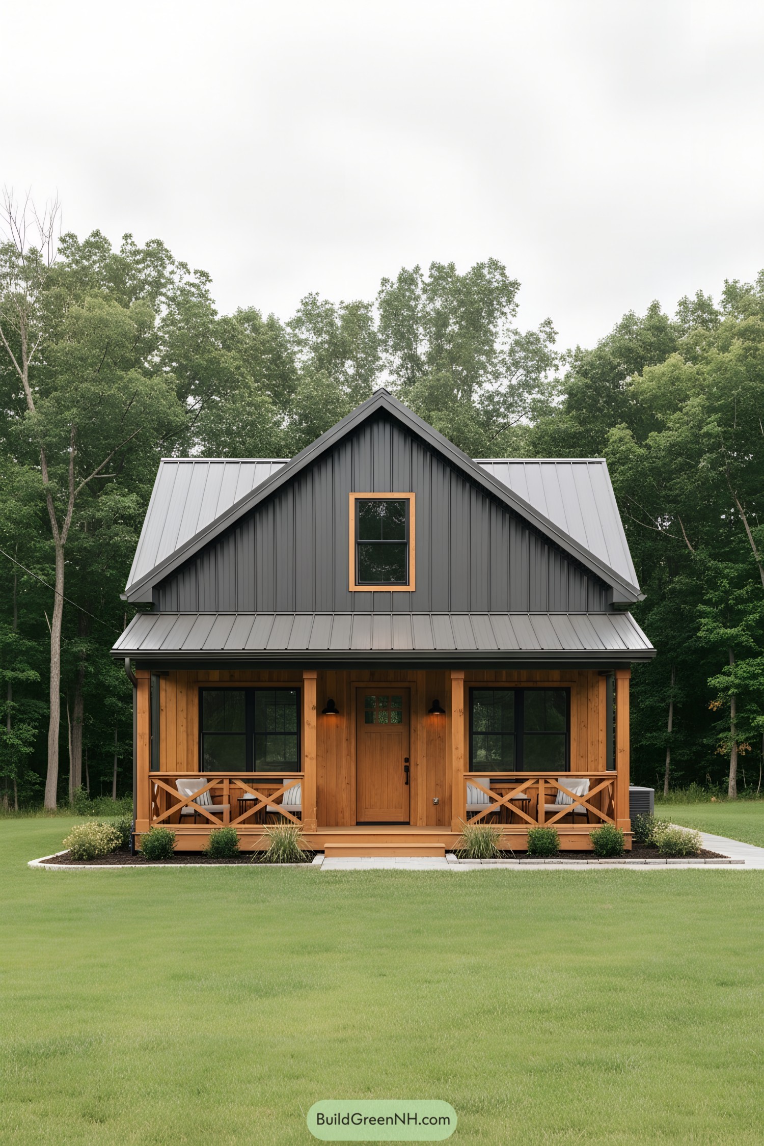 Small timber barn with dark metal roof and twin side porches
